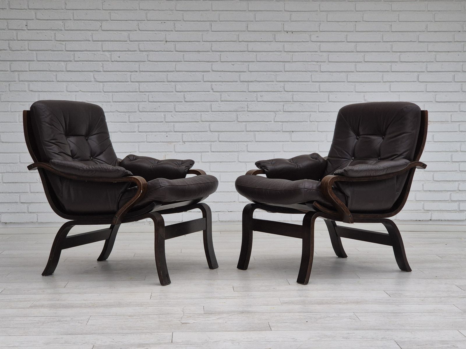 1970s, Scandinavian Lounge Chair In Original Condition, Brown Leather, Dark Bent Wood. photo buy