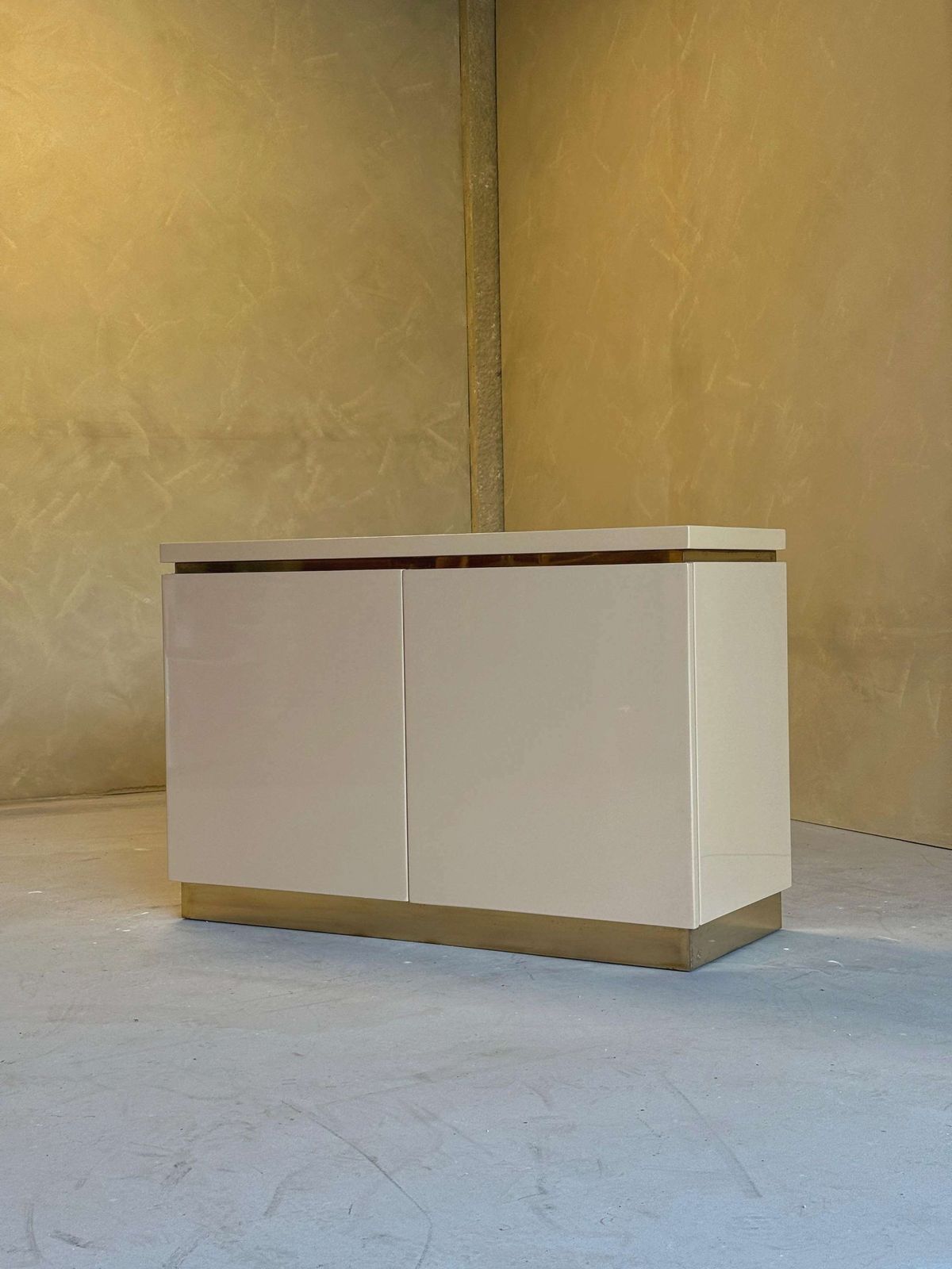Cream Lacquered And Brass Small Jean Claude Mahey Cabinet, 1970s