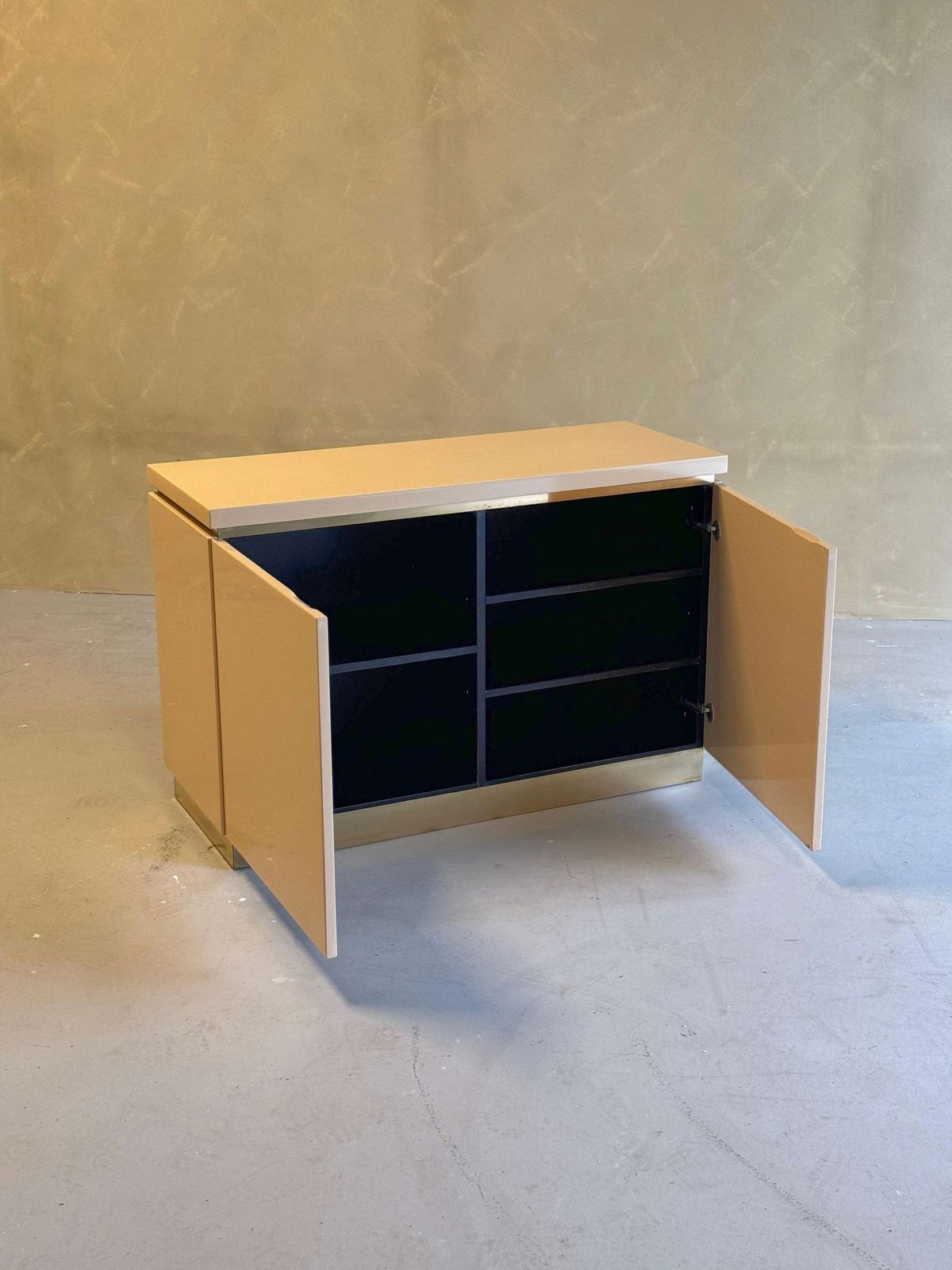 Cream Lacquered And Brass Small Jean Claude Mahey Cabinet, 1970s photo 2266.0