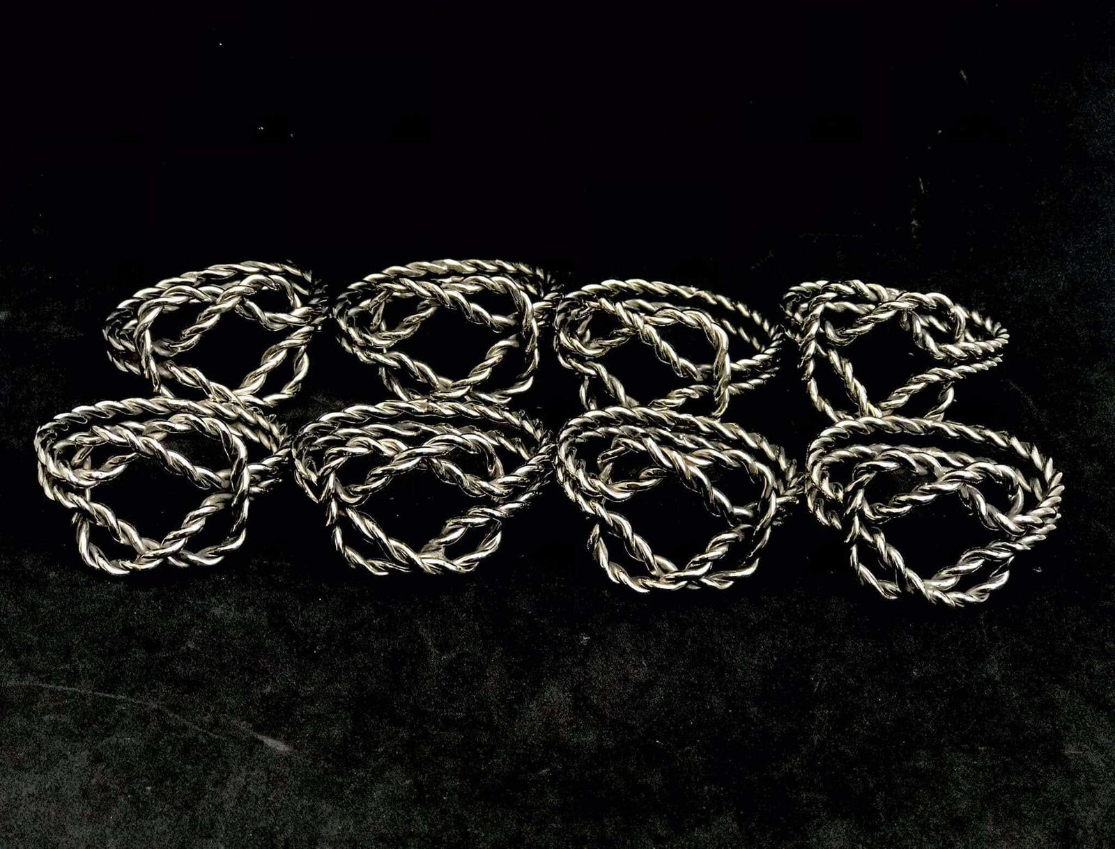 Vintage Napkin Rings Chain Bow Decor Silver Plated Metal France 8 Holder Serviette Rings Hostess Gift 1960s photo vinterior