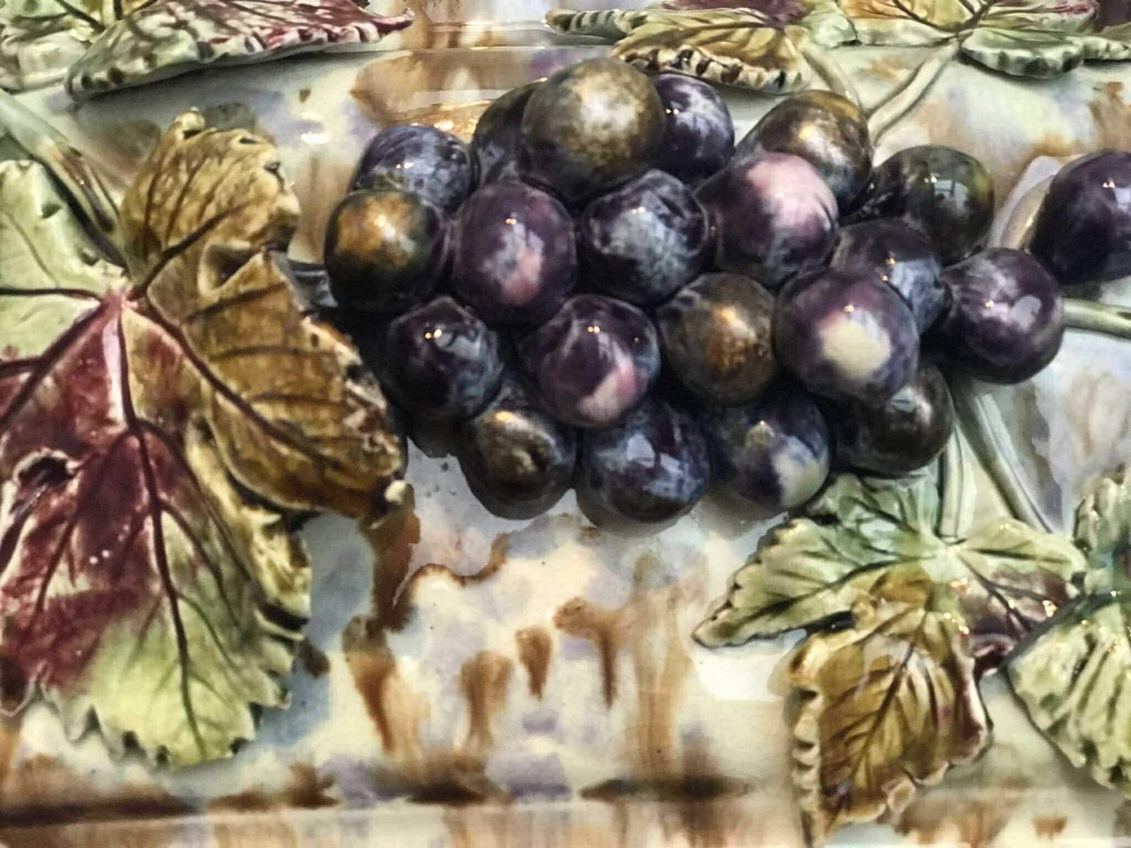 Antique Jardinière Barbotine Planter Centerpiece Cache Pot 19th Century Onnaing Grapes Bird Vigne Autumn Color Palette Antique Gift Majolica photo for sale