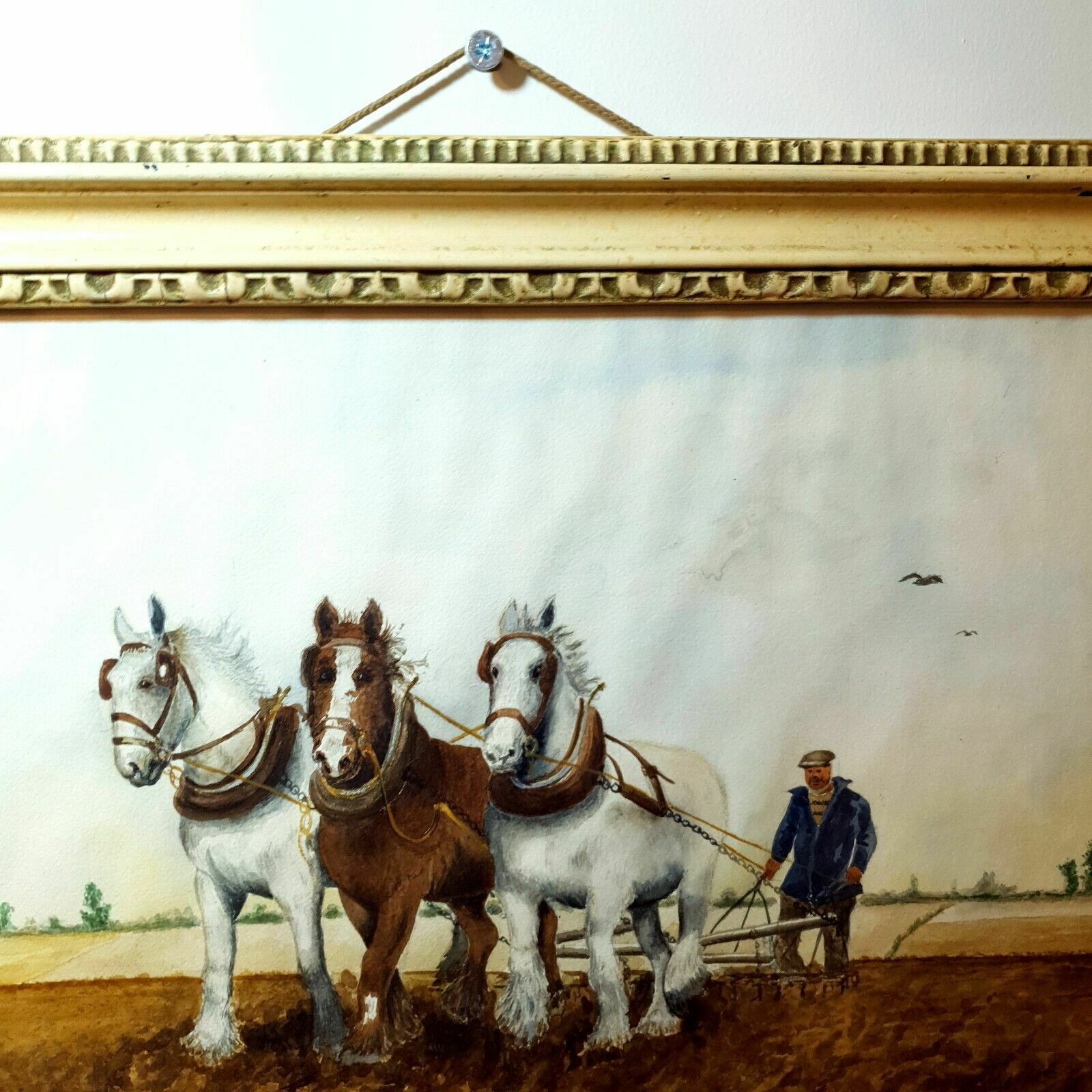 Artist Signed Watercolour Ploughing Horses & Farmer Framed Vintage Landscape Art photo Art