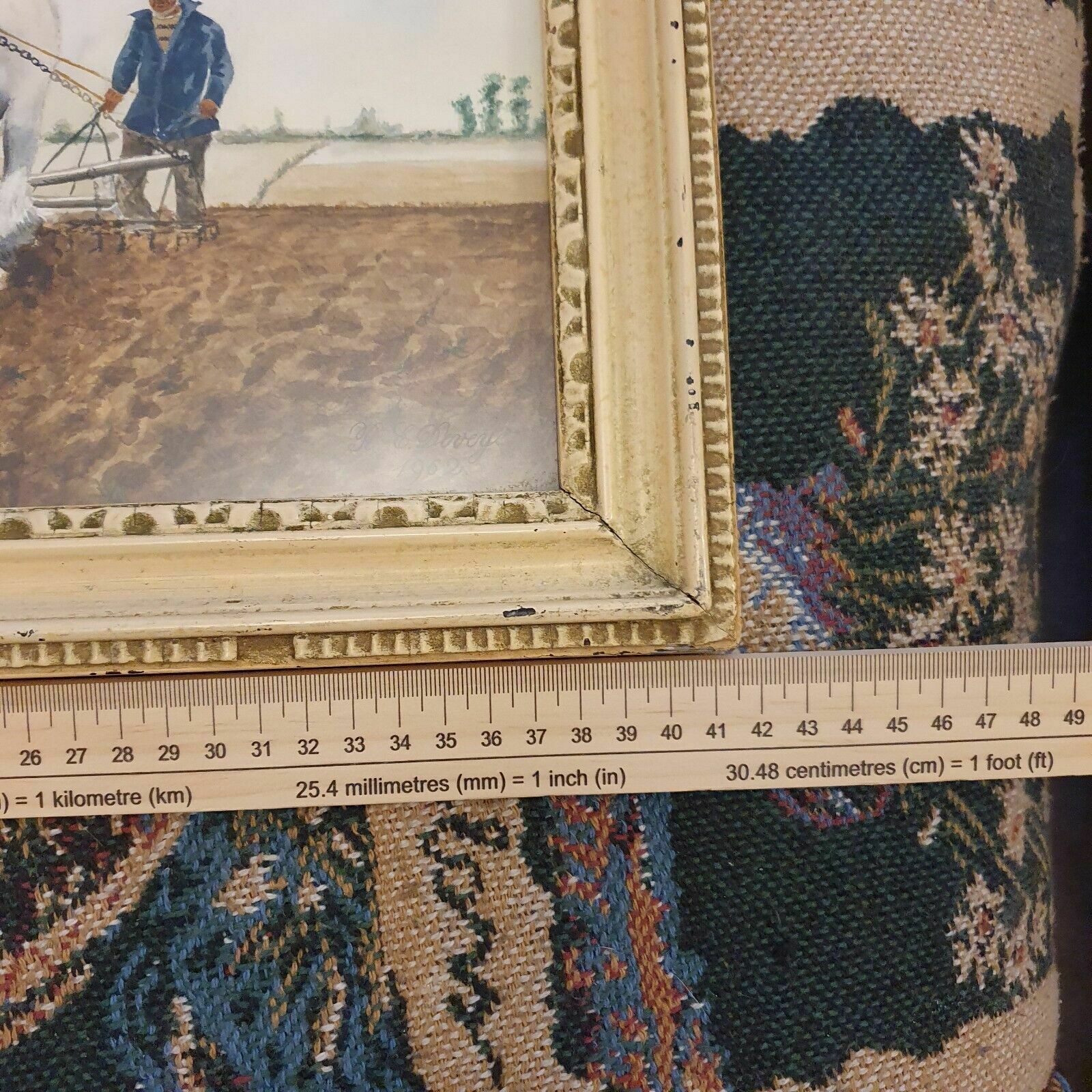 130.0 Artist Signed Watercolour Ploughing Horses & Farmer Framed Vintage Landscape Art photo