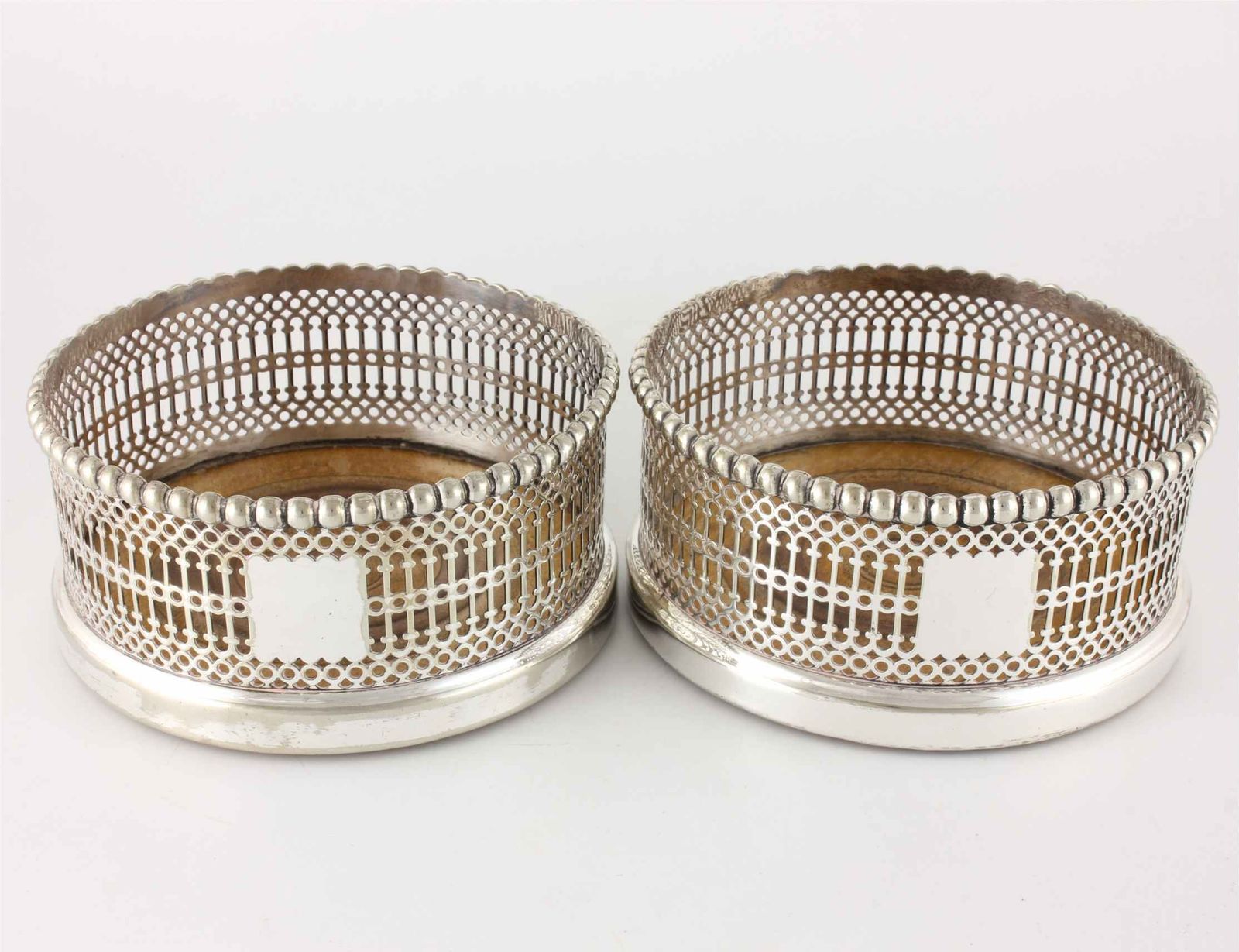 Pair Large Wine Bottle Coasters. Silver Plate Champagne Holders. C1850.