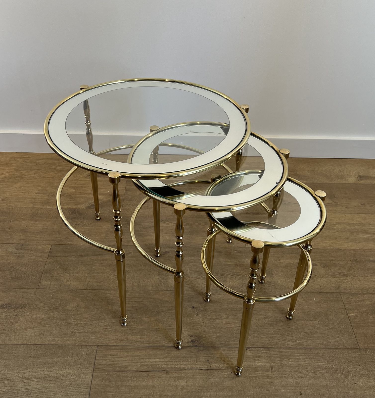 Set Of 3 Round Brass Nesting Tables With Glass Tops And Silver Rims