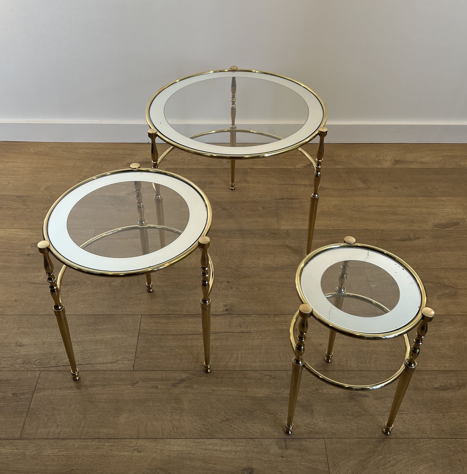 Set Of 3 Round Brass Nesting Tables With Glass Tops And Silver Rims photo 2450.0