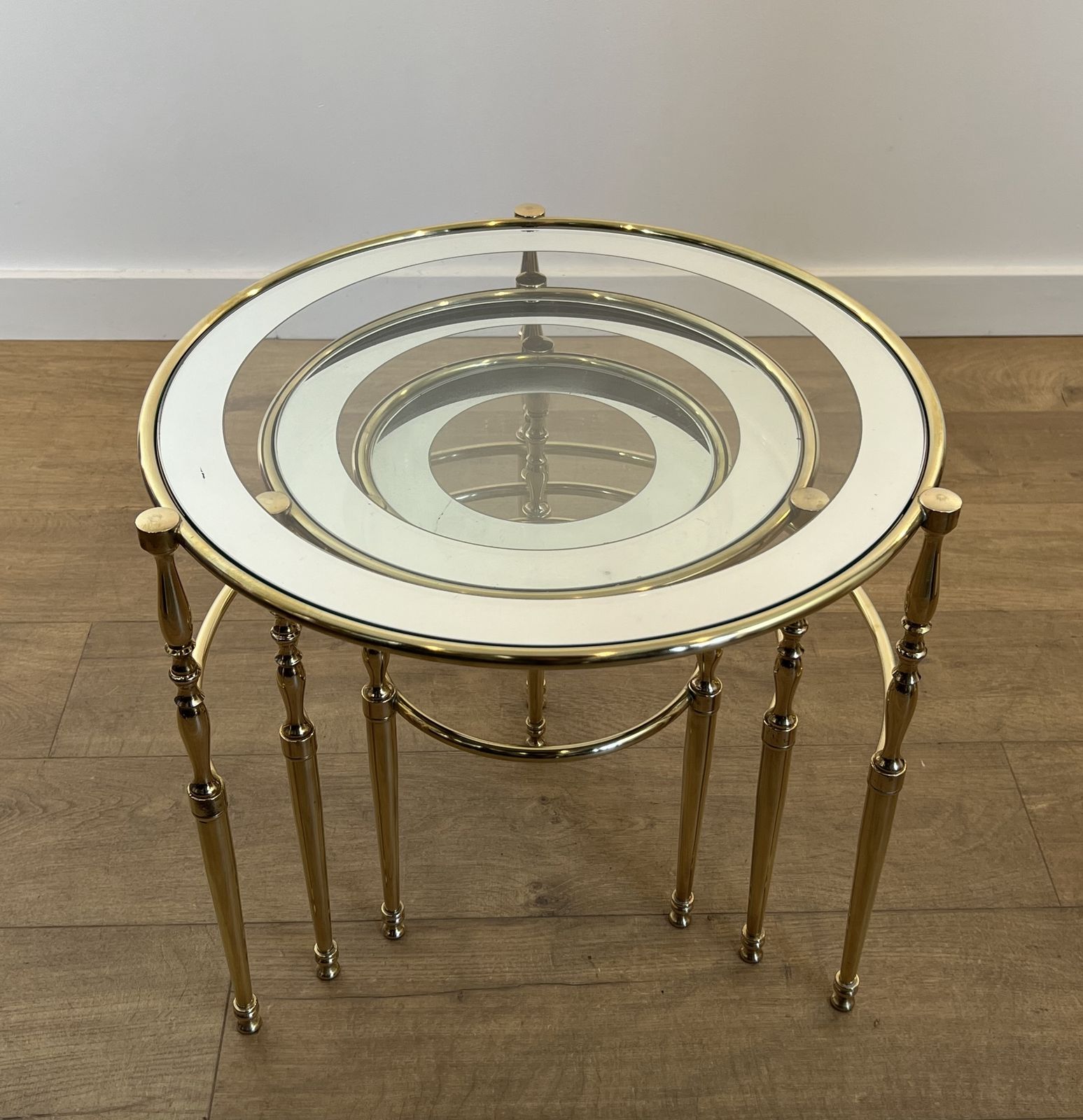 Set Of 3 Round Brass Nesting Tables With Glass Tops And Silver Rims photo vintage