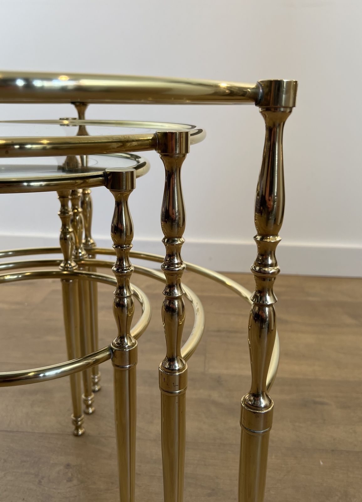 photo for sale Set Of 3 Round Brass Nesting Tables With Glass Tops And Silver Rims