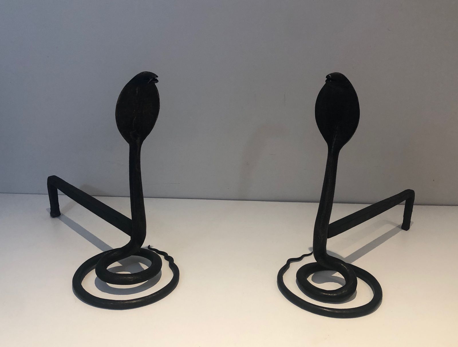 1950.0 Pair Of Wrought Iron Cobra Andirons In The Style Of Edgar Brandt photo