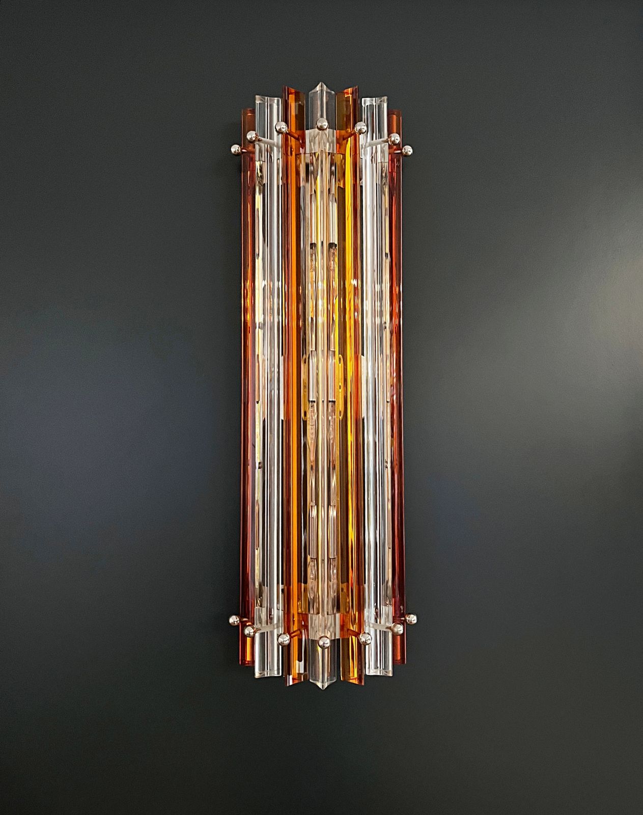 Pair Of Vintage Murano Wall Sconce – Clear And Amber Triedri   Column Model