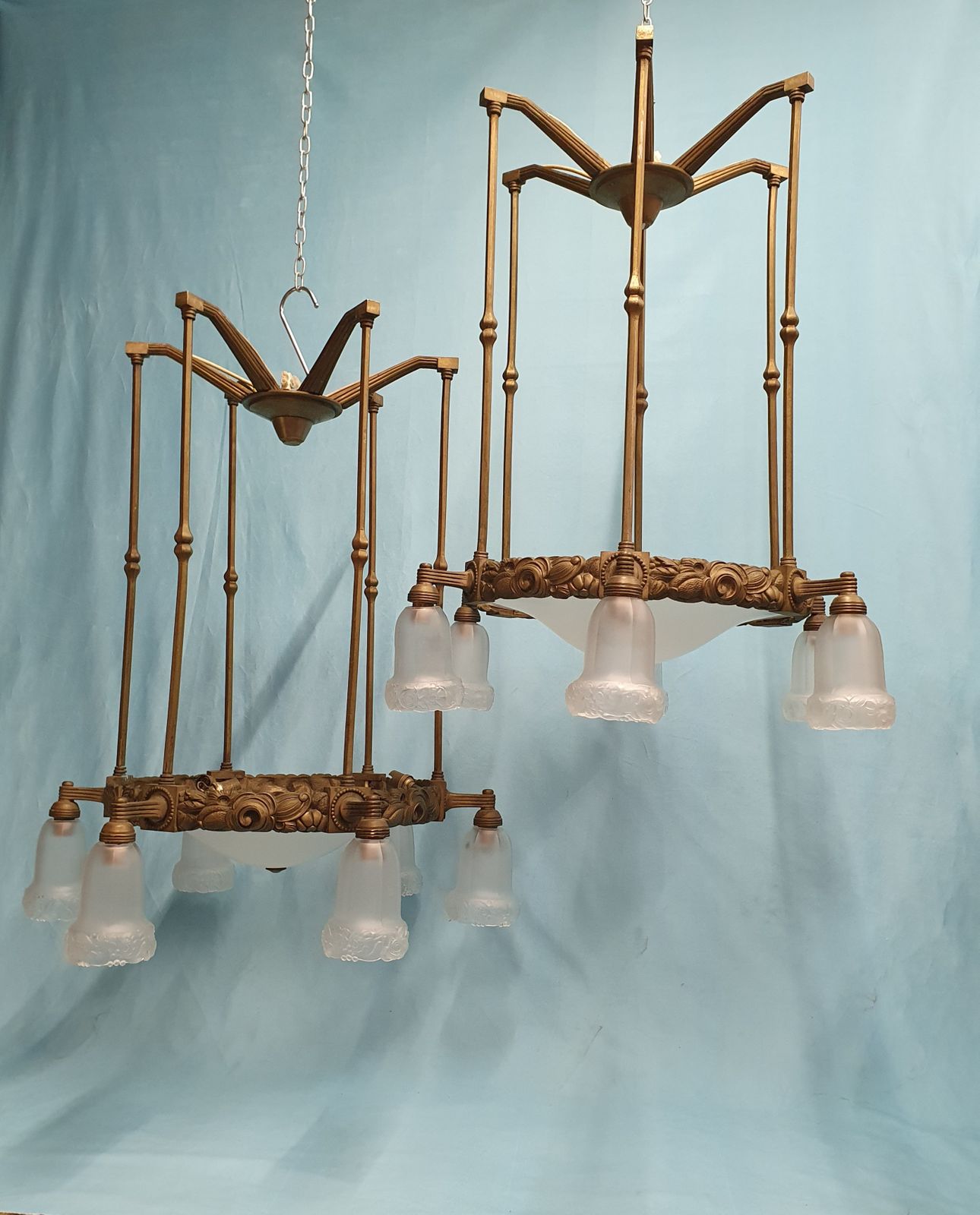 Early 20th Century Pair Of Large Brass Hall Lights With Glass Shades 26"