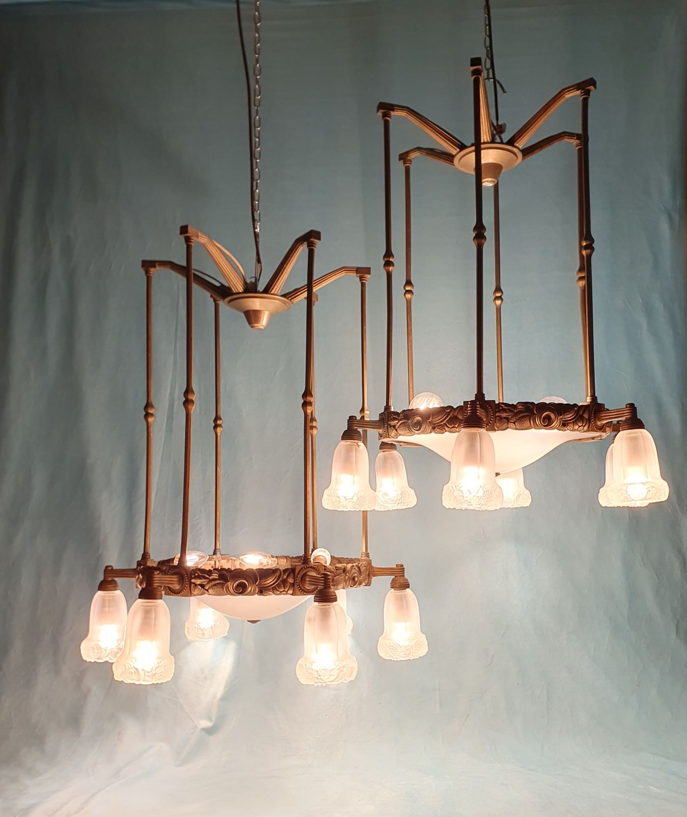 Early 20th Century Pair Of Large Brass Hall Lights With Glass Shades 26" photo furniture