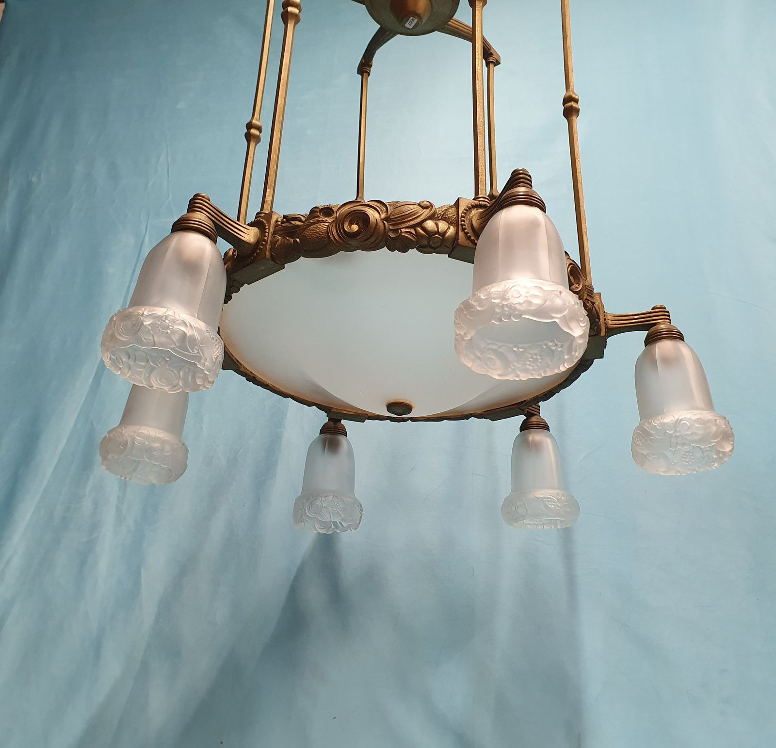 Early 20th Century Pair Of Large Brass Hall Lights With Glass Shades 26" photo for sale