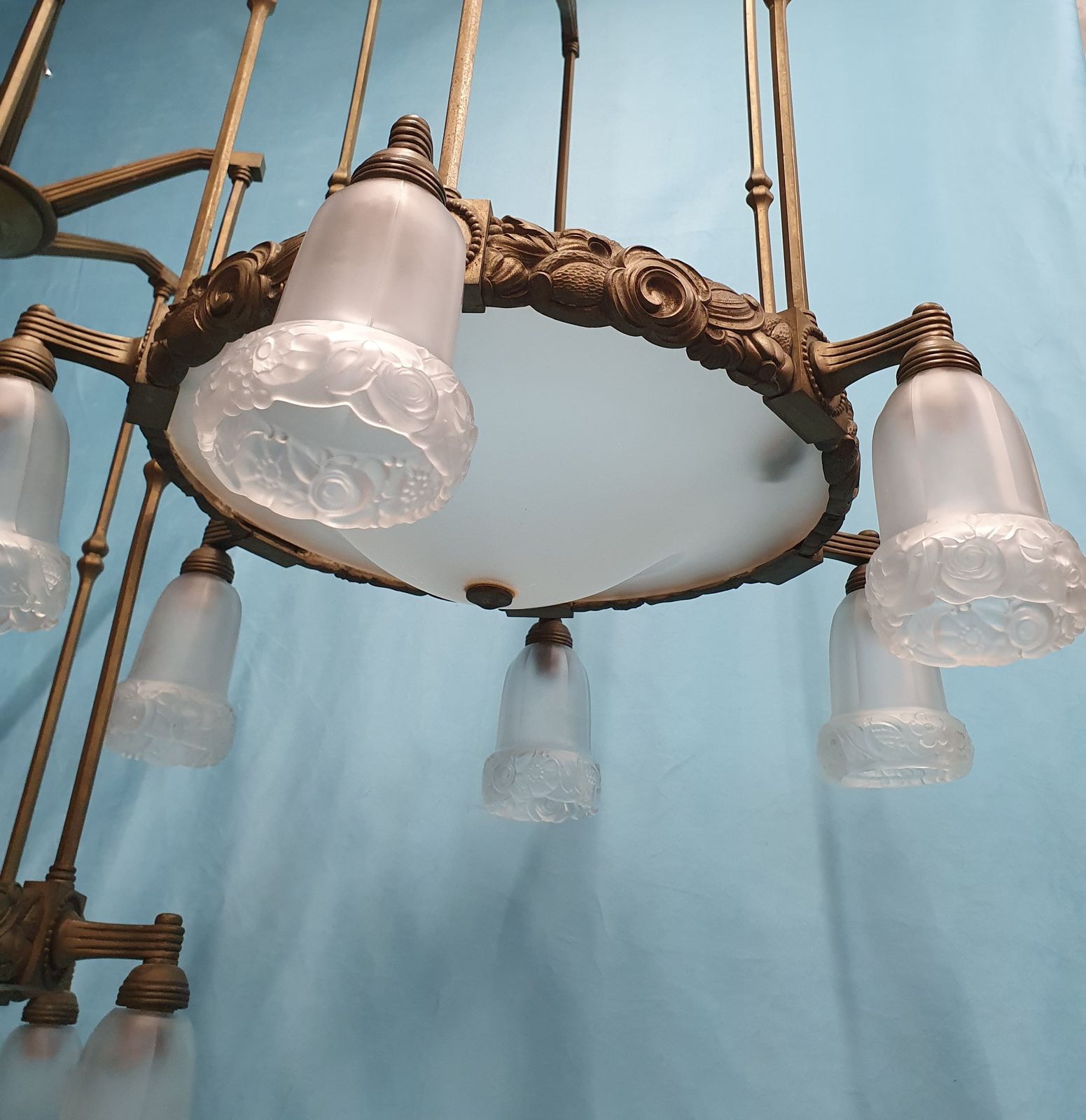 Early 20th Century Pair Of Large Brass Hall Lights With Glass Shades 26" photo vintage