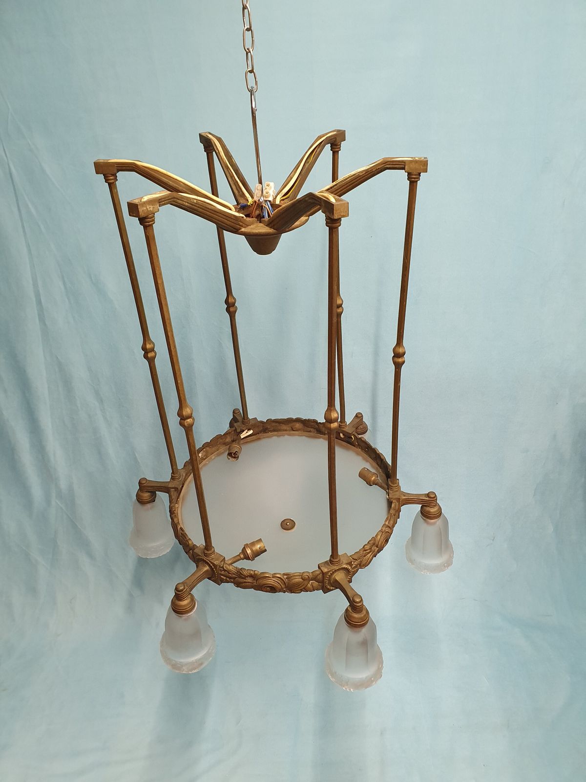 photo for sale Early 20th Century Pair Of Large Brass Hall Lights With Glass Shades 26"