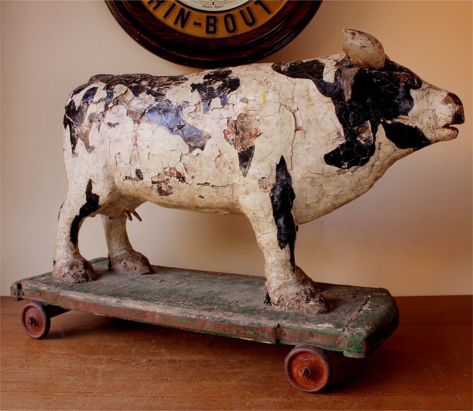 Antique Wooden Folk Art Cow Trolley. Rustic French Butchers Shop Display.
