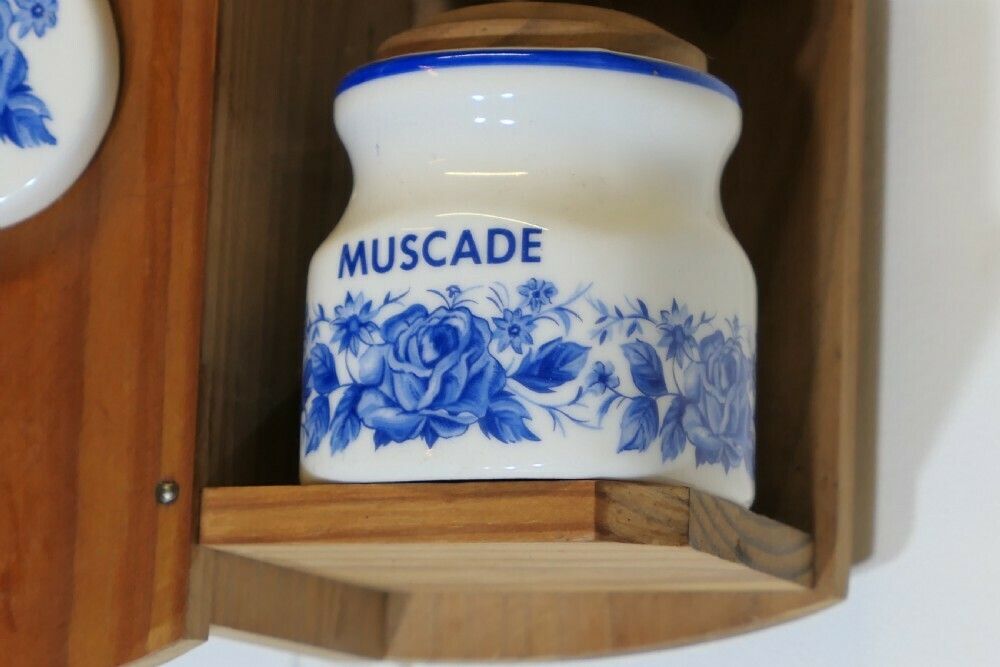 French Wall Hanging Blue And White Spice Jars With Thermometer photo for sale