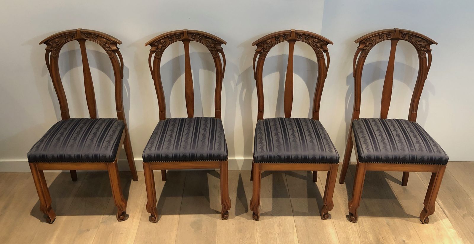 Set Of 4 Cherry Wood Chairs Decorated With Flowers And Plants From The Art Nouveau Period