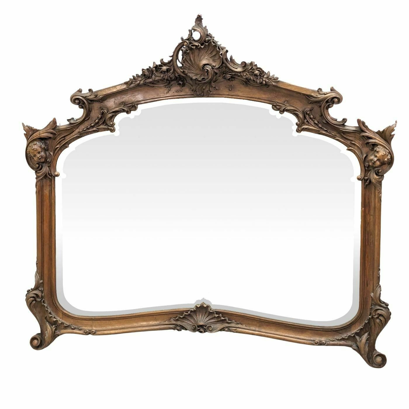 Louis XV Style Natural Wood Mirror With Cherub Decoration
