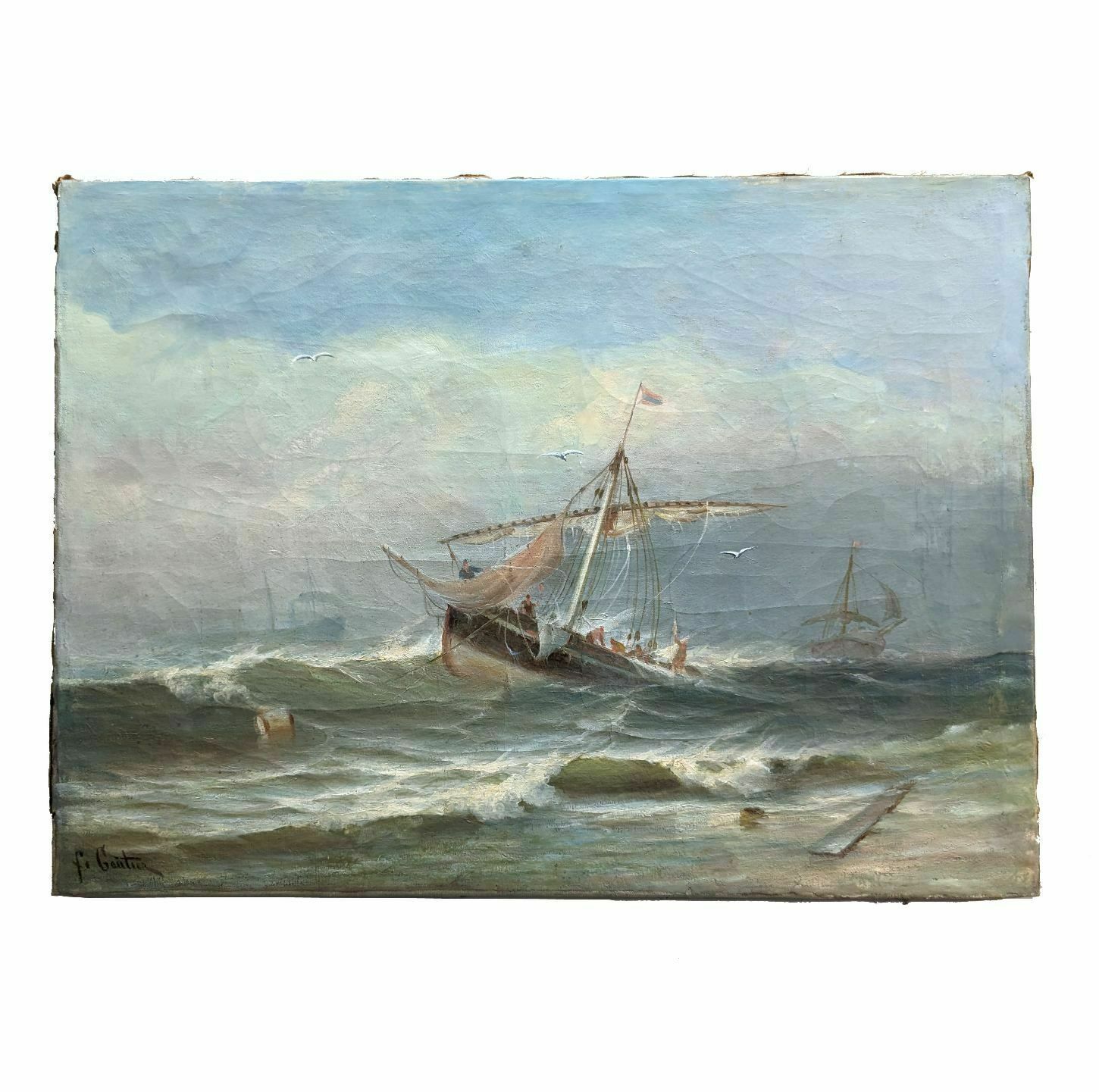 Marine Xixth Oil Painting On Canvas By F. Gautier