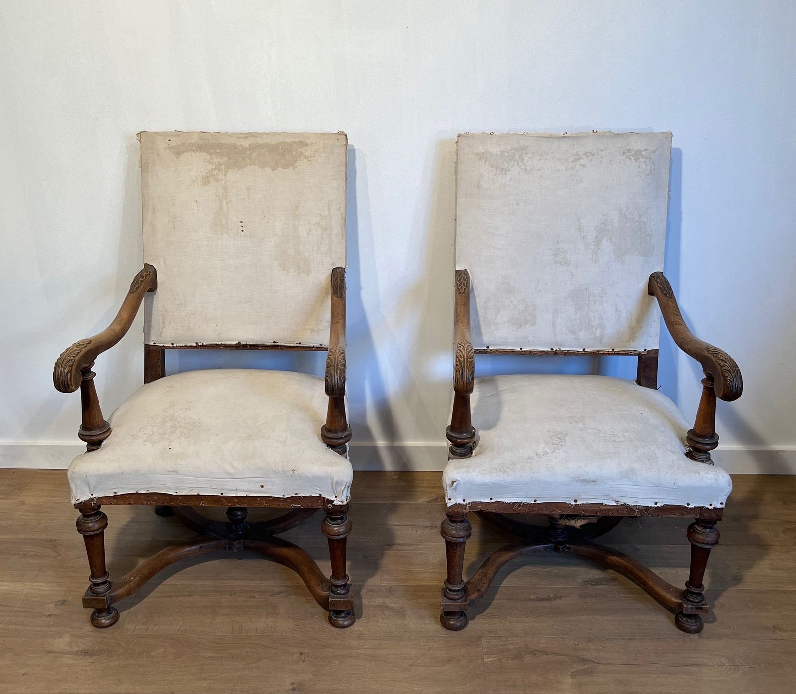 1850.0 Pair Of Louis XIII Style High Back Walnut Armchairs photo