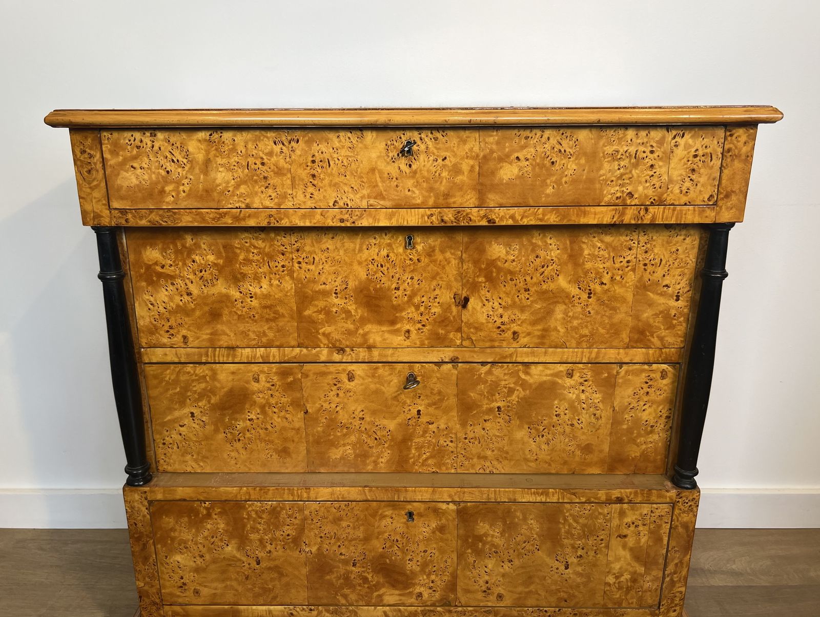 Small Biedermeier Style Chest Of Drawers With Four Drawers In Speckled Maple photo vintage