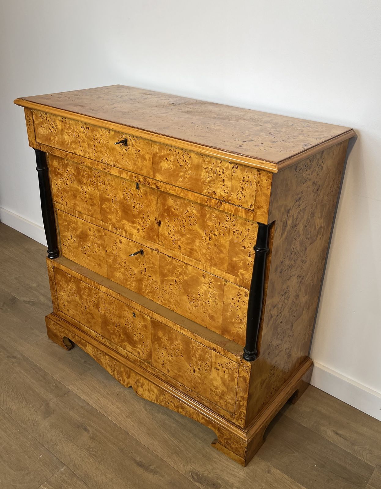 photo for sale Small Biedermeier Style Chest Of Drawers With Four Drawers In Speckled Maple