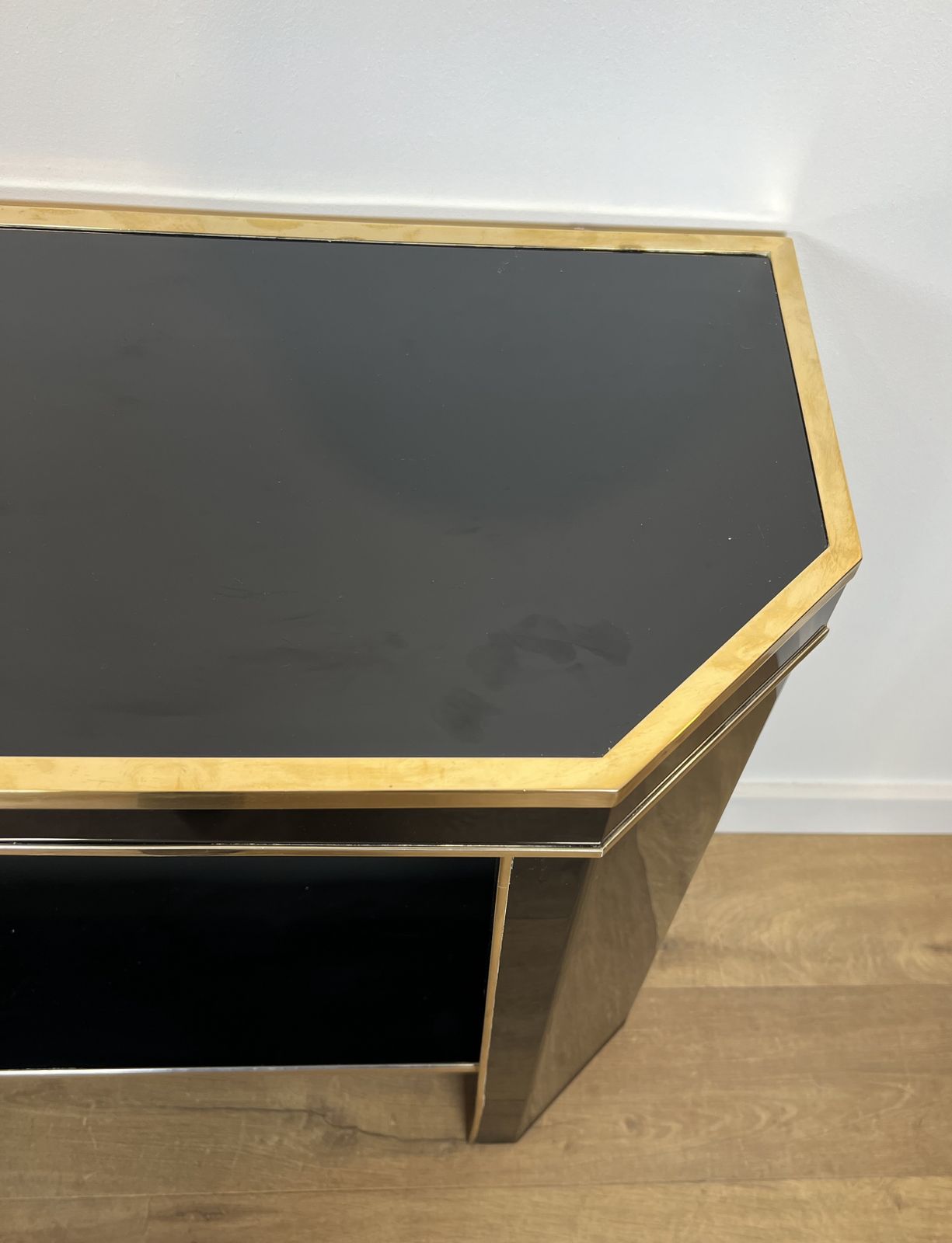 photo for sale Console In Black Lacquer And Gold Metal Signed Jean Claude Mahey