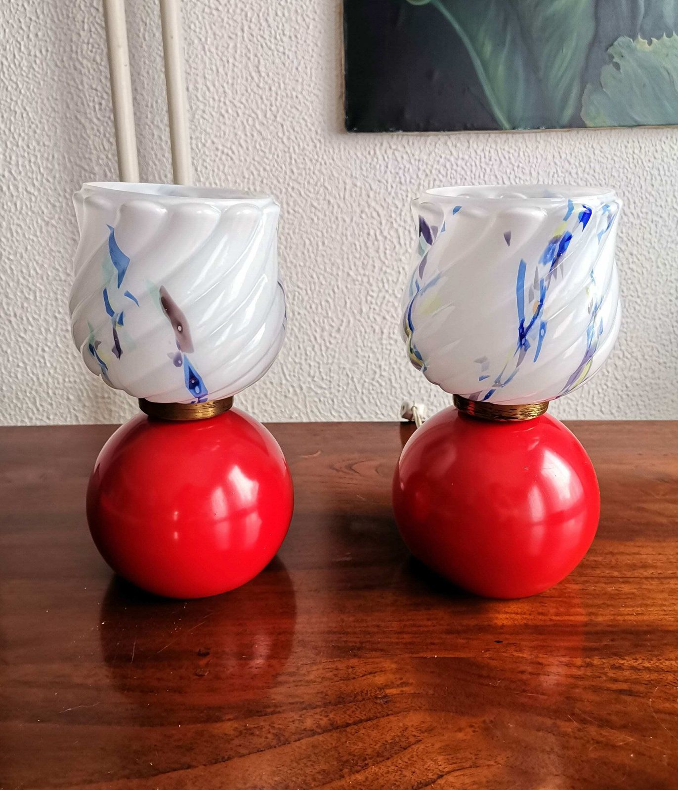 Pair Of Vintage Painted Bedside Lamps / Glass & Metal Table Lamp With Round Base / 60s 70s Yugoslavia / Mid Century Modern Lights photo 174.0