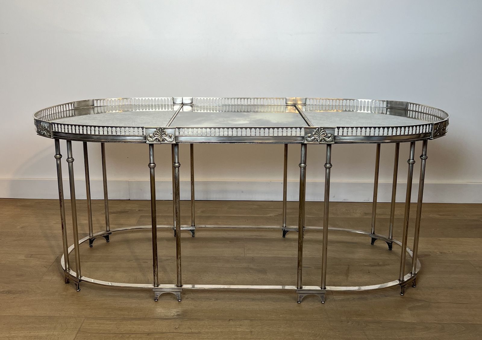 Neoclassical Style Coffee Table In Silver Metal And Aged Mirror Tops