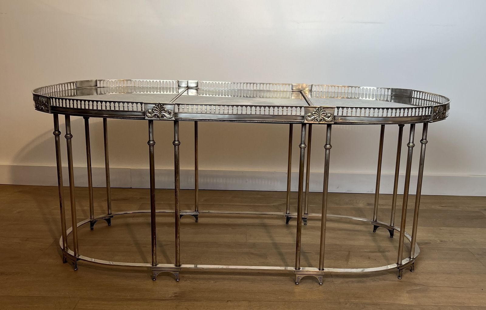 Neoclassical Style Coffee Table In Silver Metal And Aged Mirror Tops photo furniture