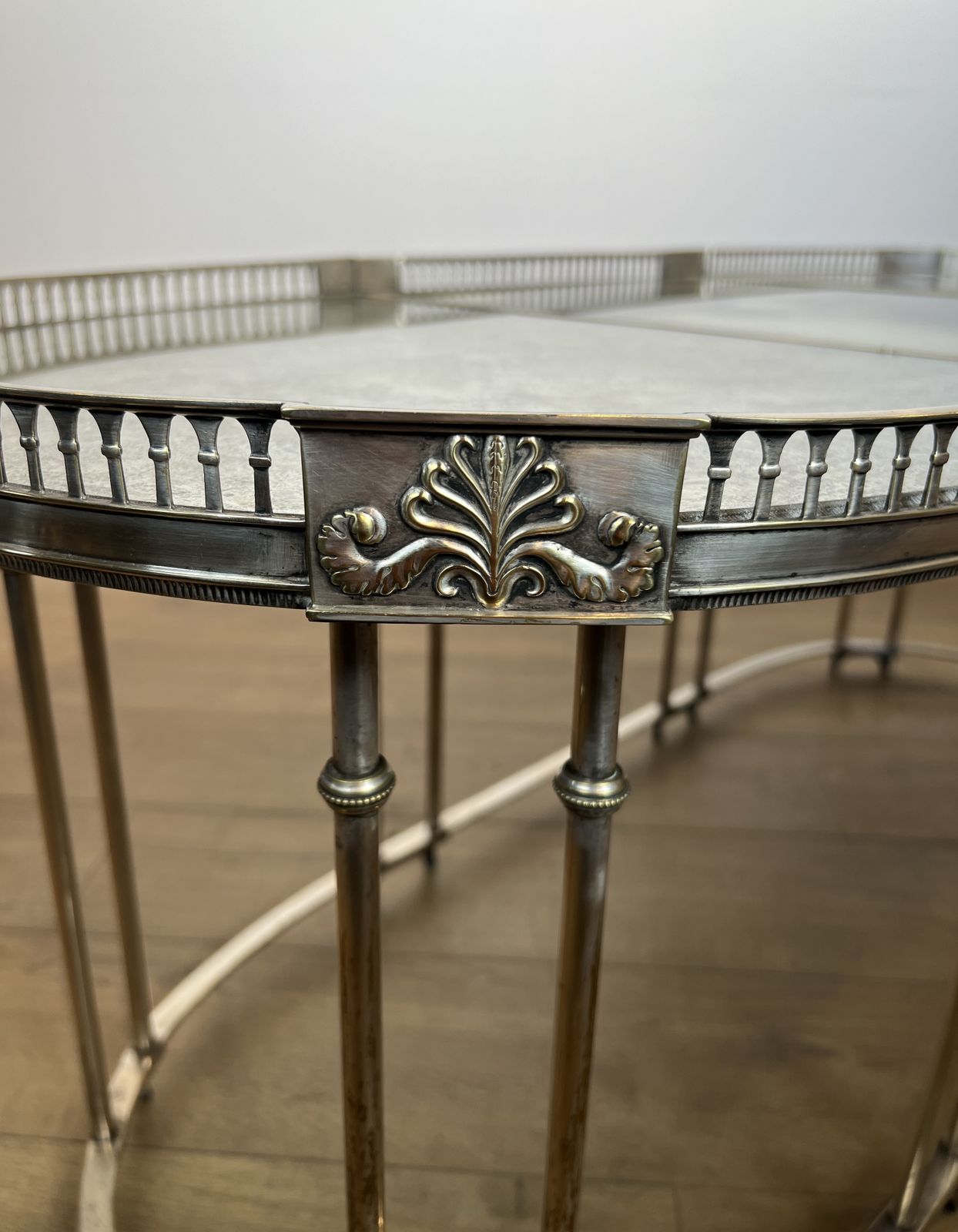 Neoclassical Style Coffee Table In Silver Metal And Aged Mirror Tops photo vintage