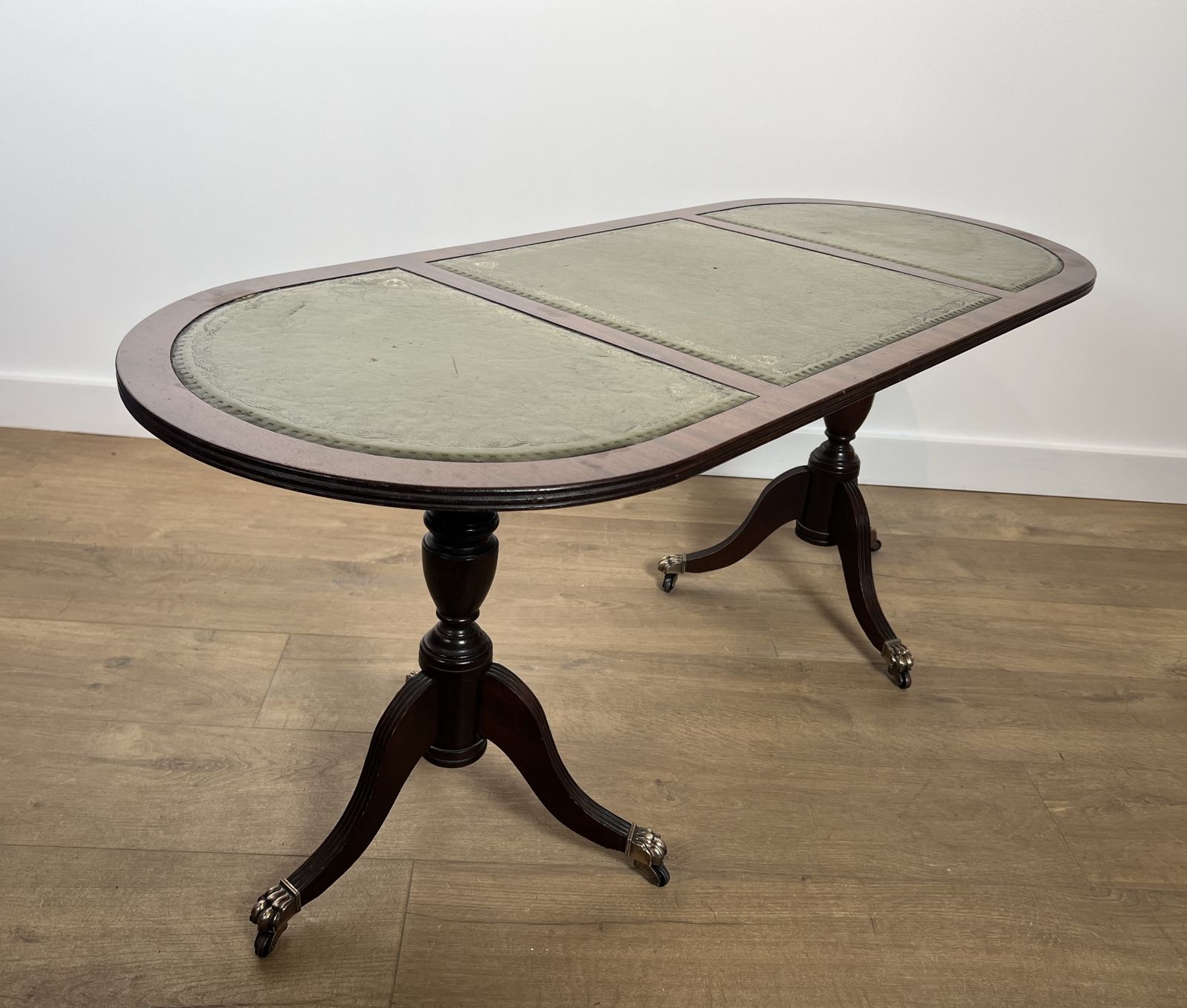 Neoclassical Style Coffee Table In Mahogany, Bronze Claw Legs And Green Leather Tops photo for sale