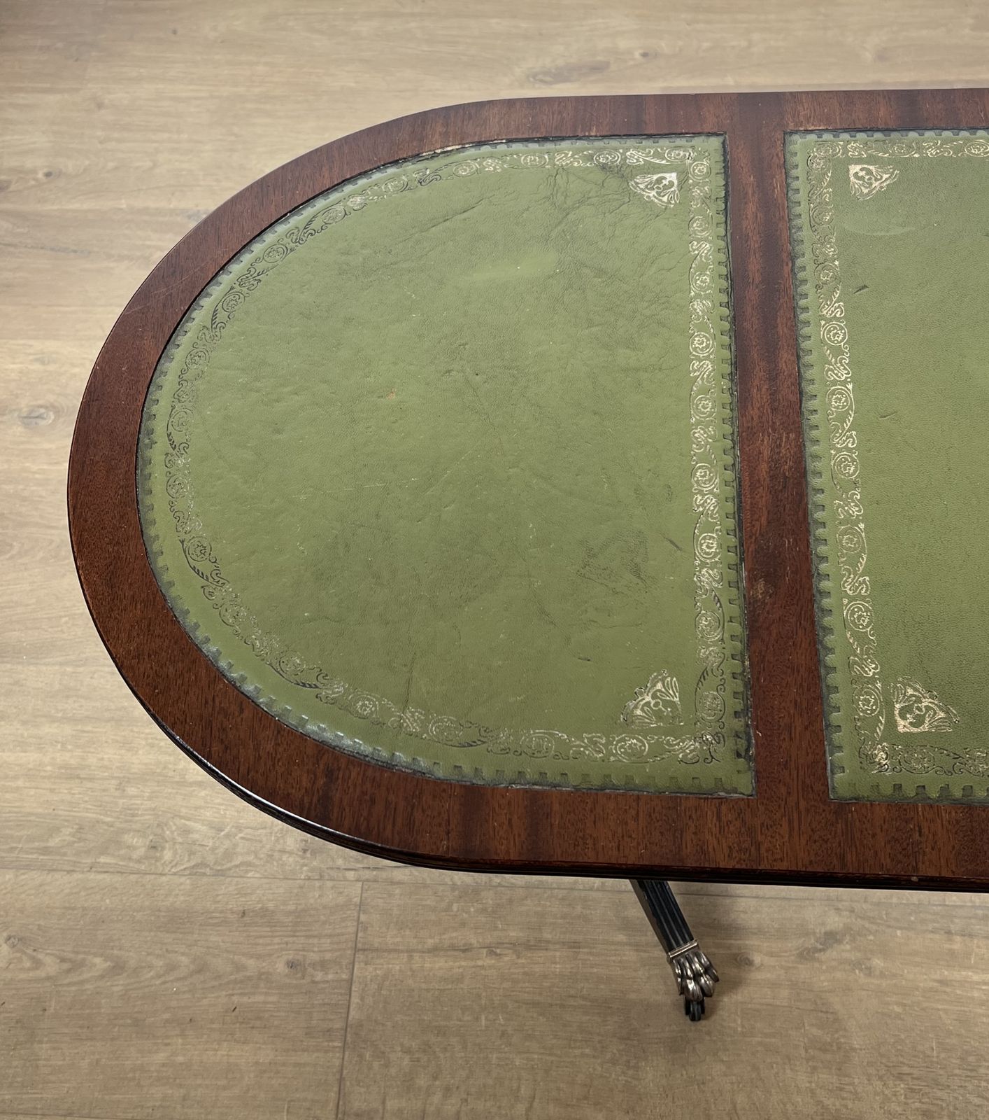 photo for sale Neoclassical Style Coffee Table In Mahogany, Bronze Claw Legs And Green Leather Tops