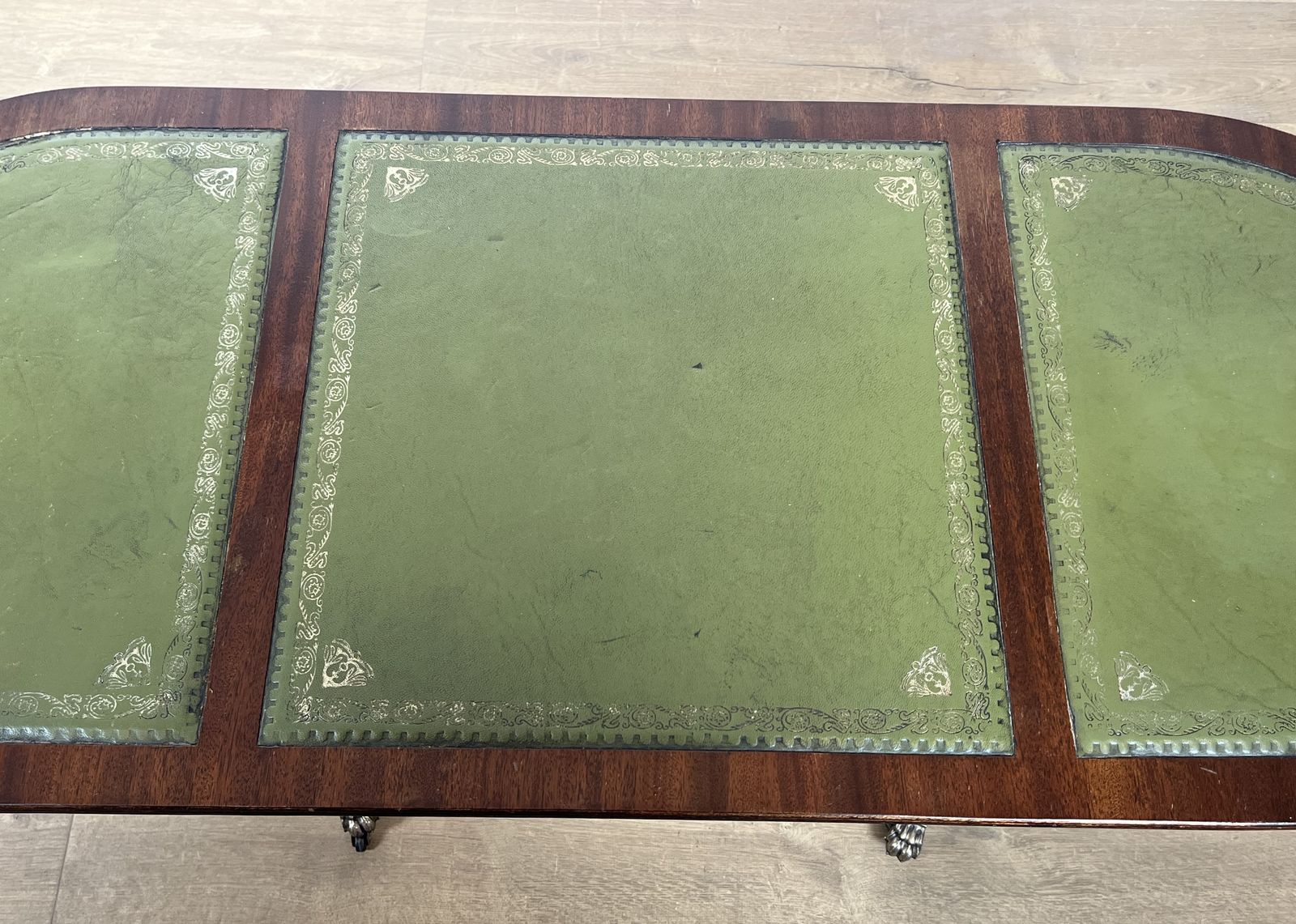 photo buy Neoclassical Style Coffee Table In Mahogany, Bronze Claw Legs And Green Leather Tops