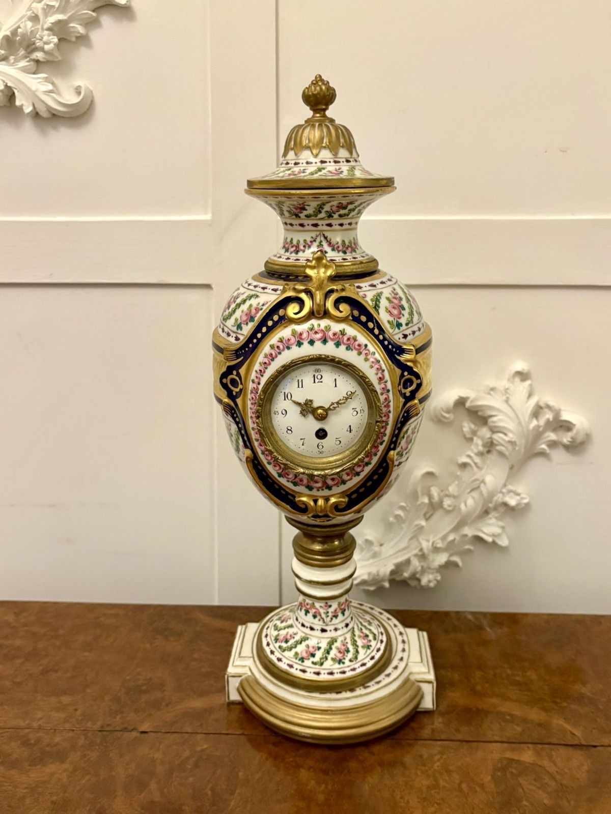 Outstanding Quality Large French Antique 19th Century Hand Painted Porcelain Urn Shaped Mantle Clock
