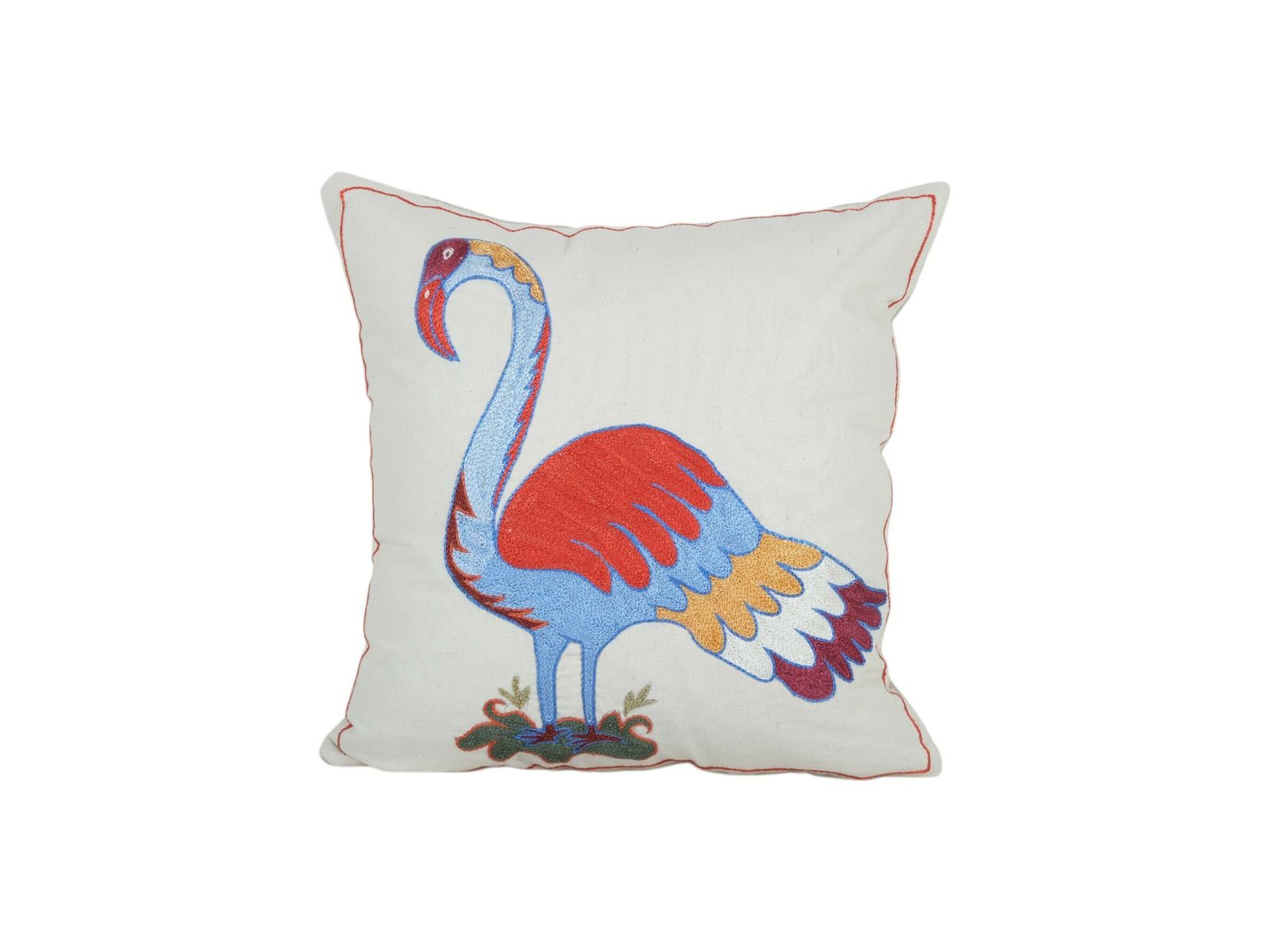 Animal Motif Suzani Pillow, Vintage Embroidered Textile From Bukhara, Flamingo Motif Suzani Cushion Cover