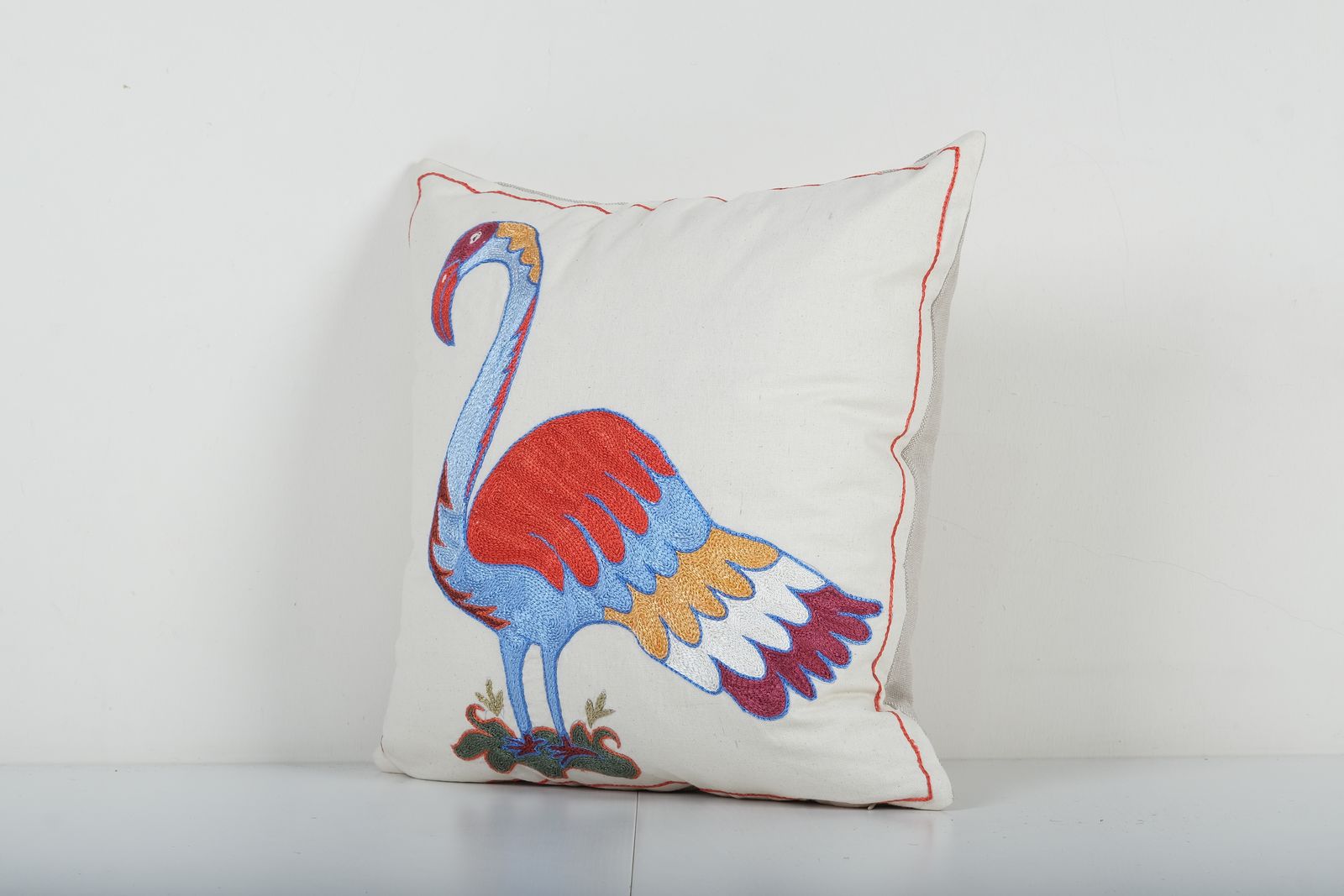 Animal Motif Suzani Pillow, Vintage Embroidered Textile From Bukhara, Flamingo Motif Suzani Cushion Cover photo Textiles