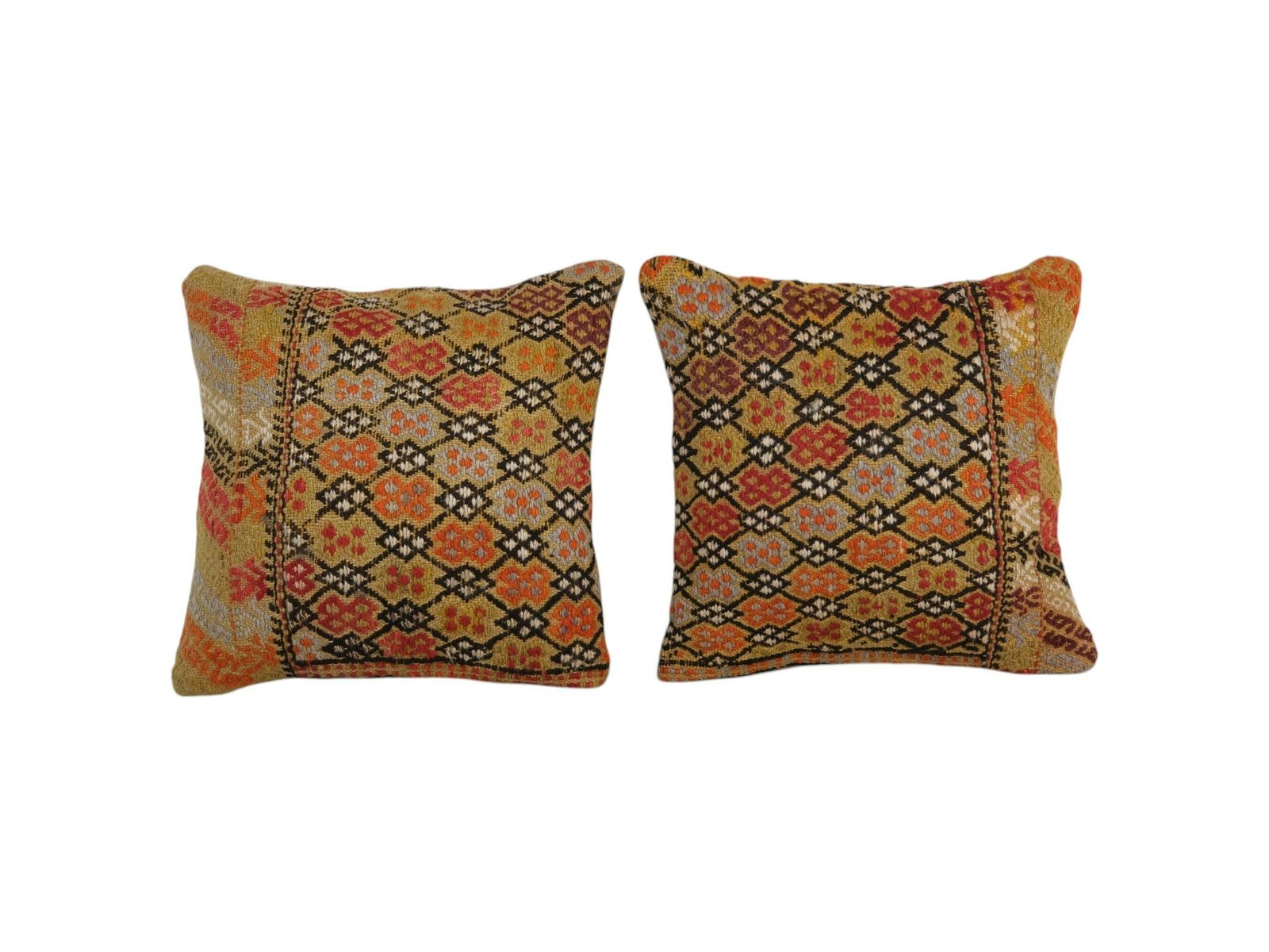 Pair Striped Turkish Kilim Pillow Cover, Set Orange Handwoven Kilim Pillow