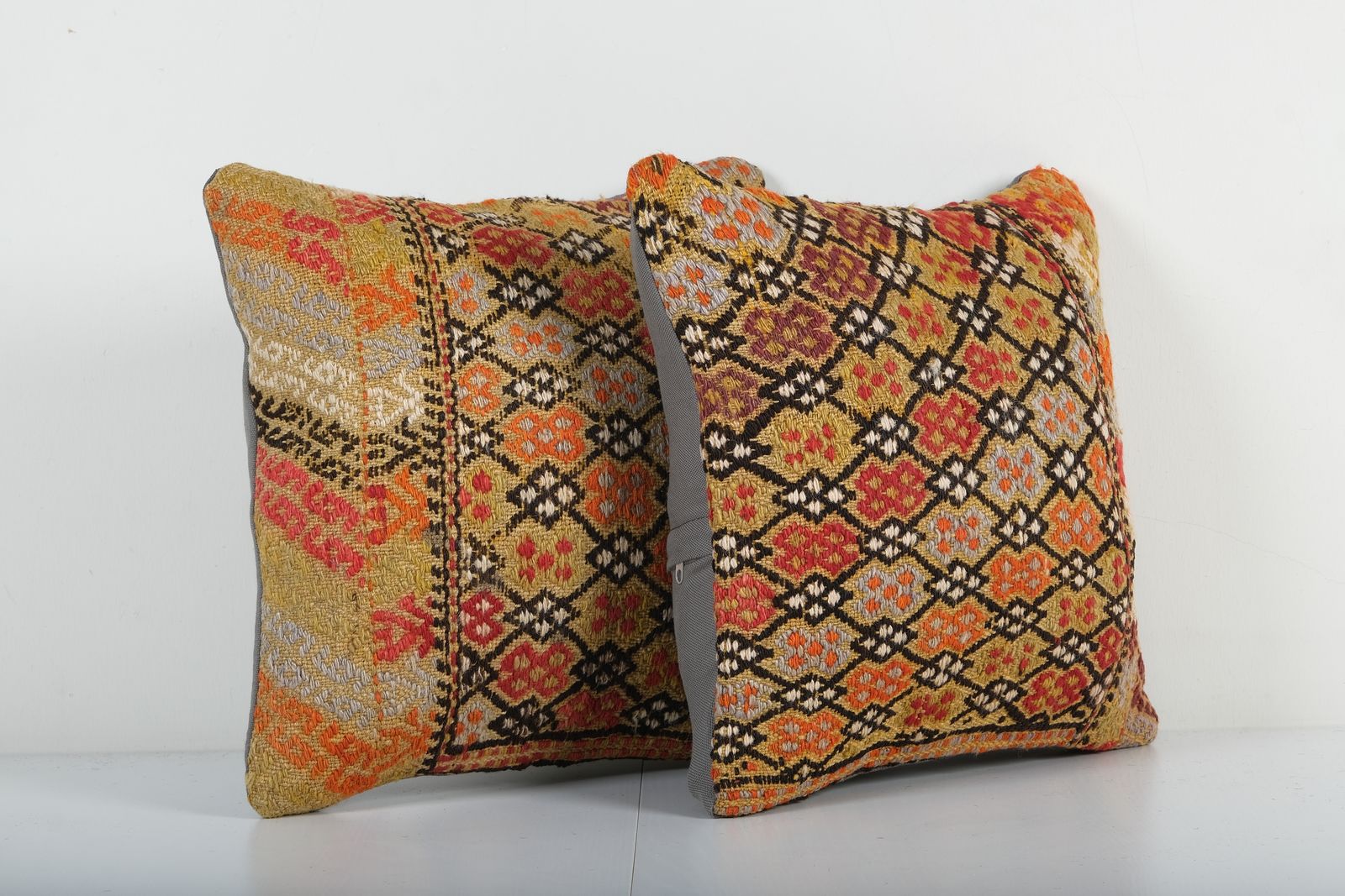 Pair Striped Turkish Kilim Pillow Cover, Set Orange Handwoven Kilim Pillow photo Textiles