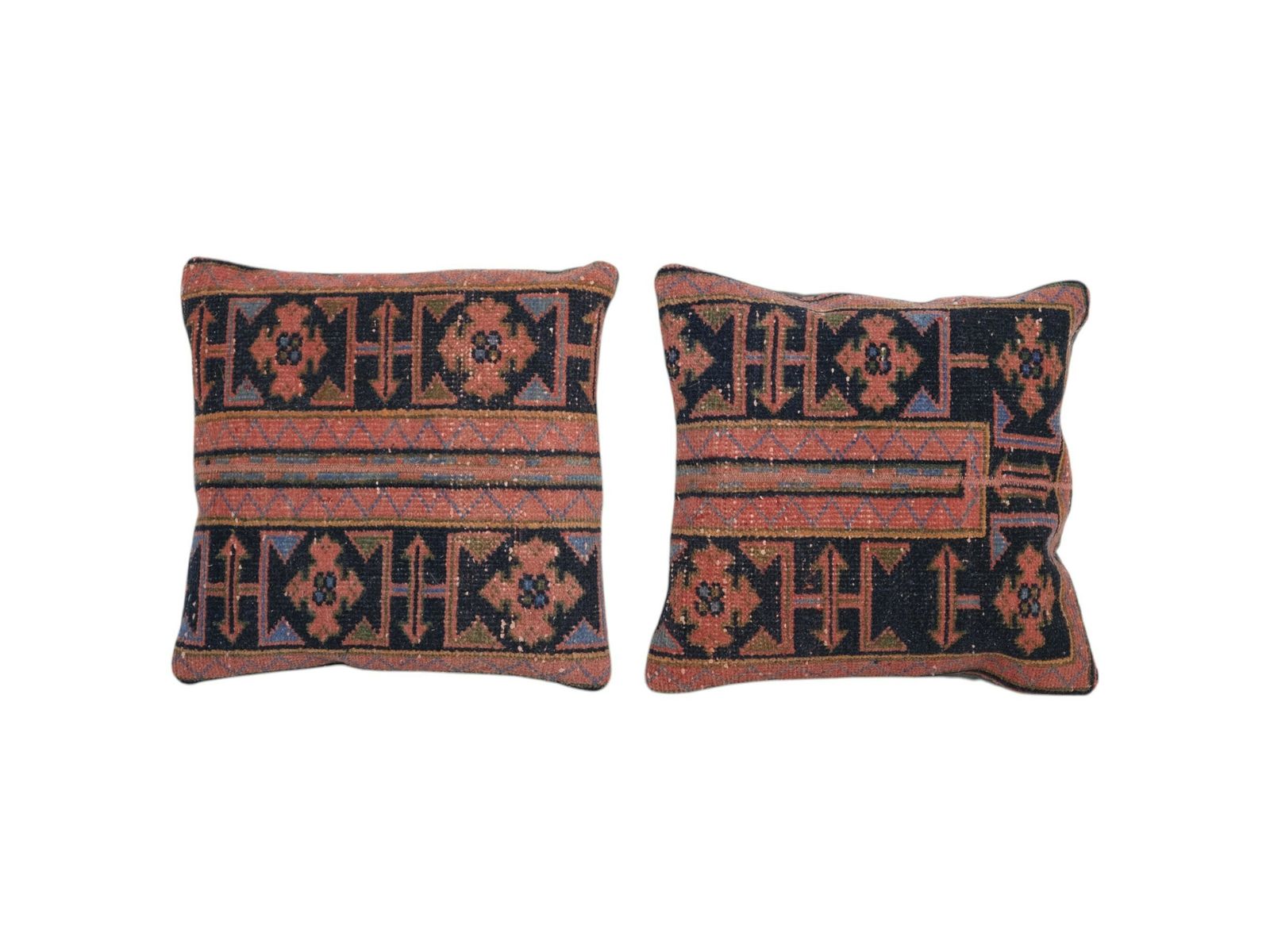 Pair Of Muted Turkish Rug Pillow Covers   Set Terracotta Blue Ethnic Carpet Cushions