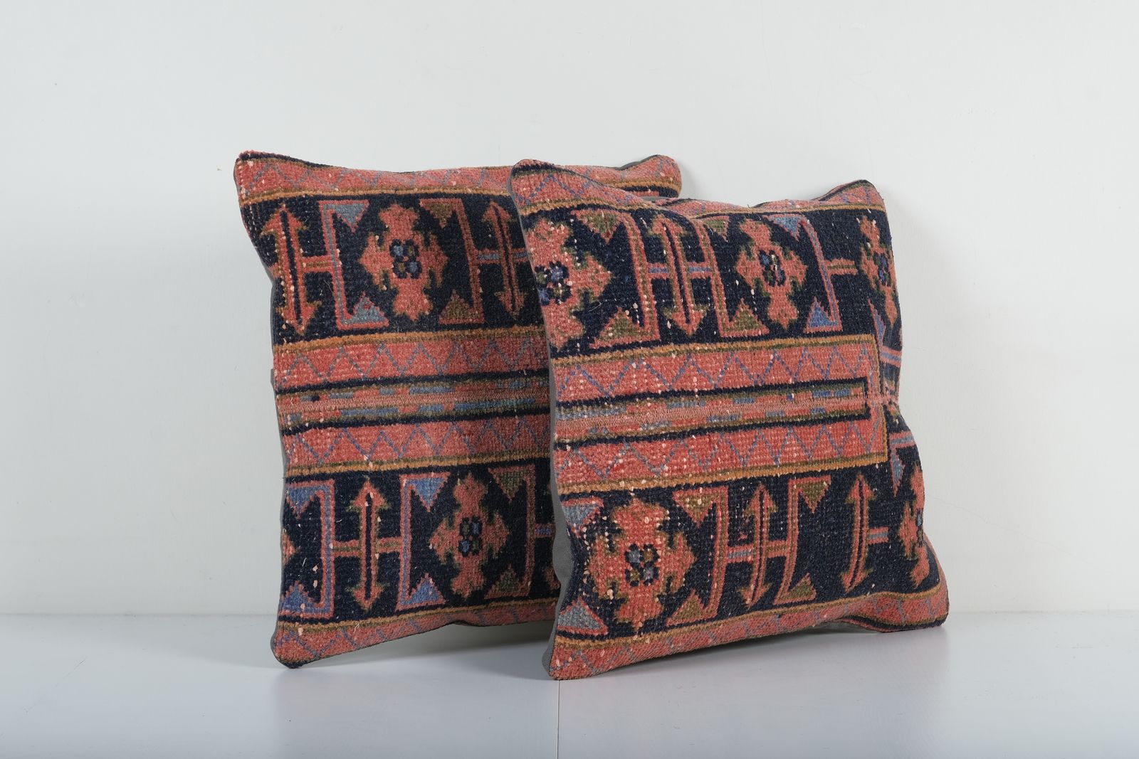 Pair Of Muted Turkish Rug Pillow Covers   Set Terracotta Blue Ethnic Carpet Cushions photo for sale