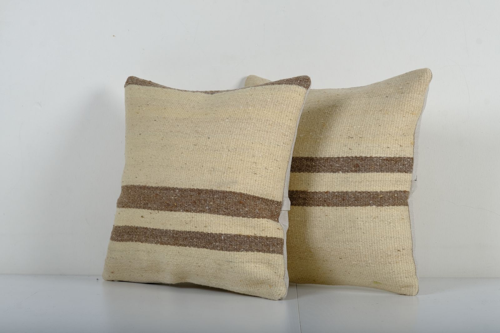 Traditional Turkish Hemp Decorative Kilim Pillow, Set Of Two Anatolian Striped Square Kilim Pillow Cover photo Textiles