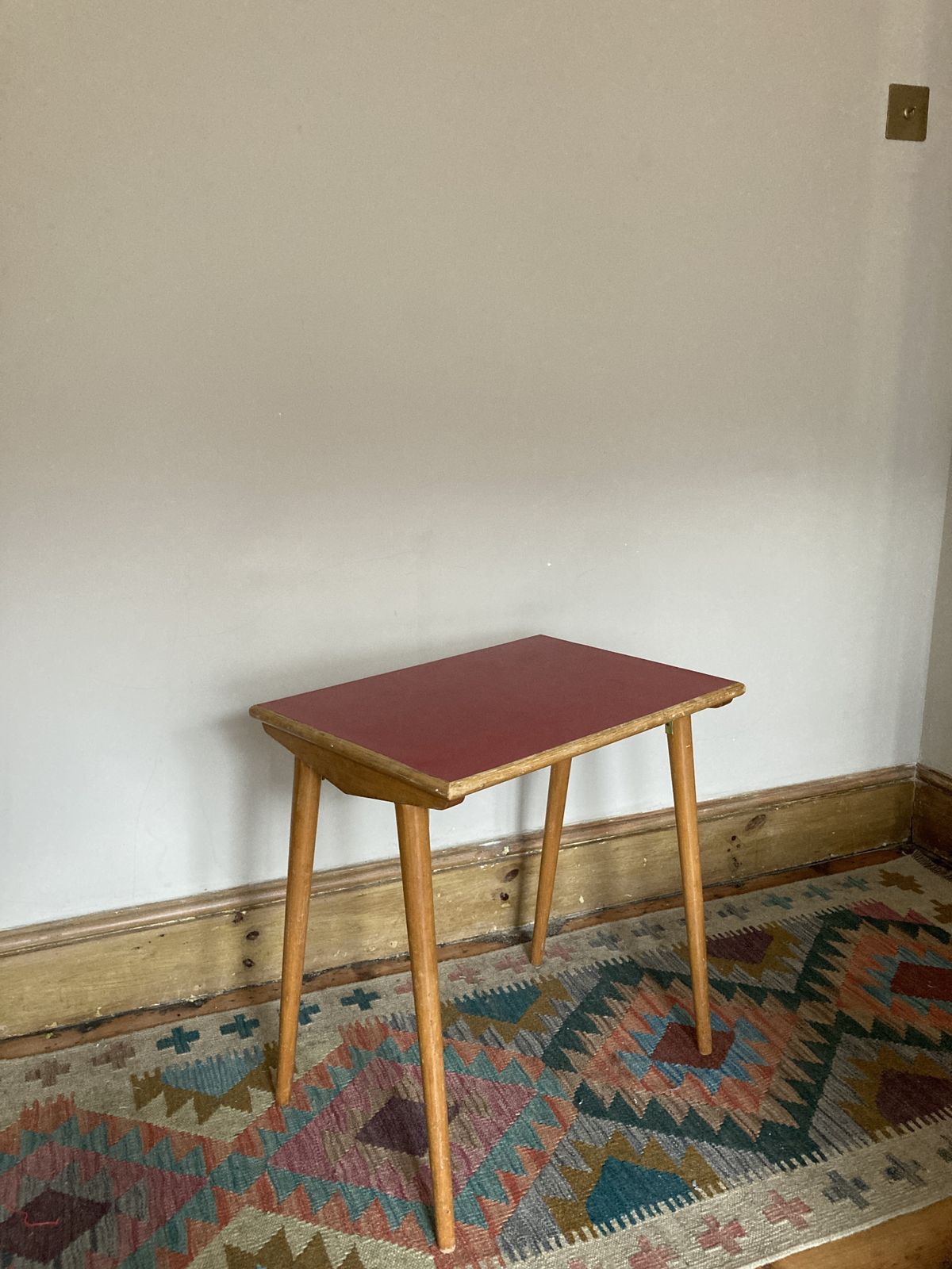 Side Table With Red Melamine Top & Wooden Legs 1950s photo furniture