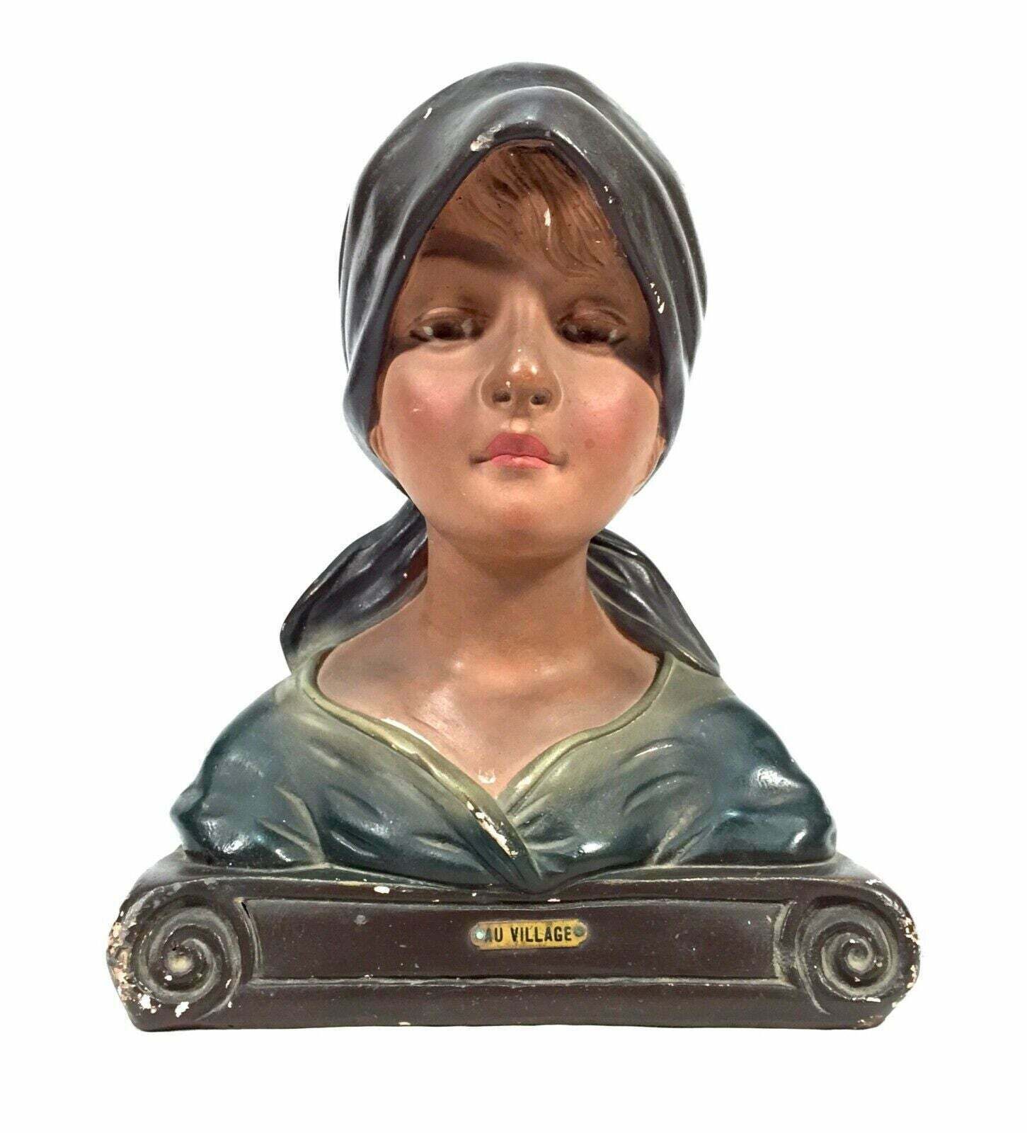 Antique Art Deco French Young Girl Plaster Portrait Bust / C.1930 photo vinterior