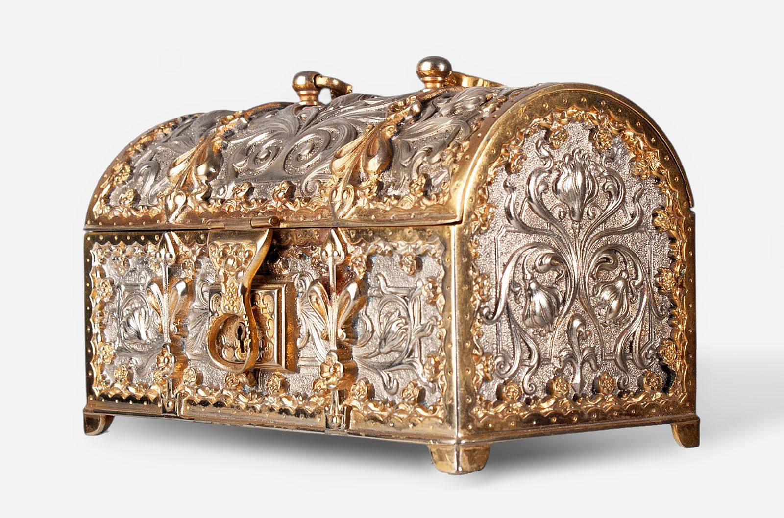 1900s Jugendstil Golden And Silver Brass Jewelry Casket With Blue Velvet Lined Interior By Erhard & Söhne, Germany