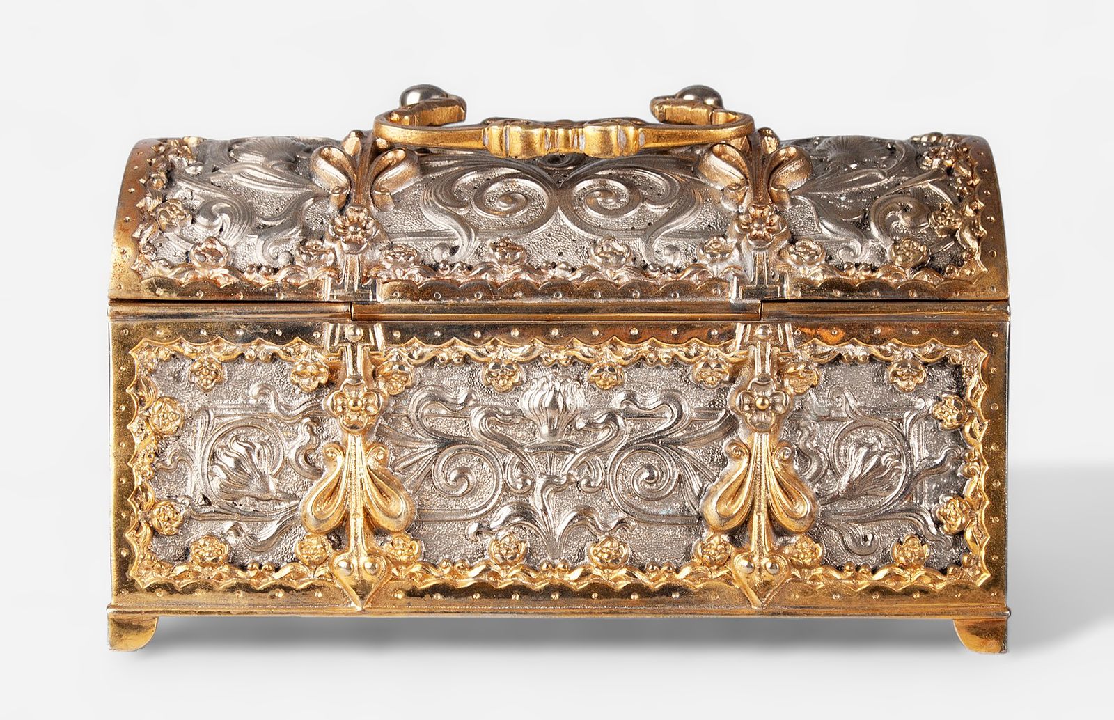 photo for sale 1900s Jugendstil Golden And Silver Brass Jewelry Casket With Blue Velvet Lined Interior By Erhard & Söhne, Germany