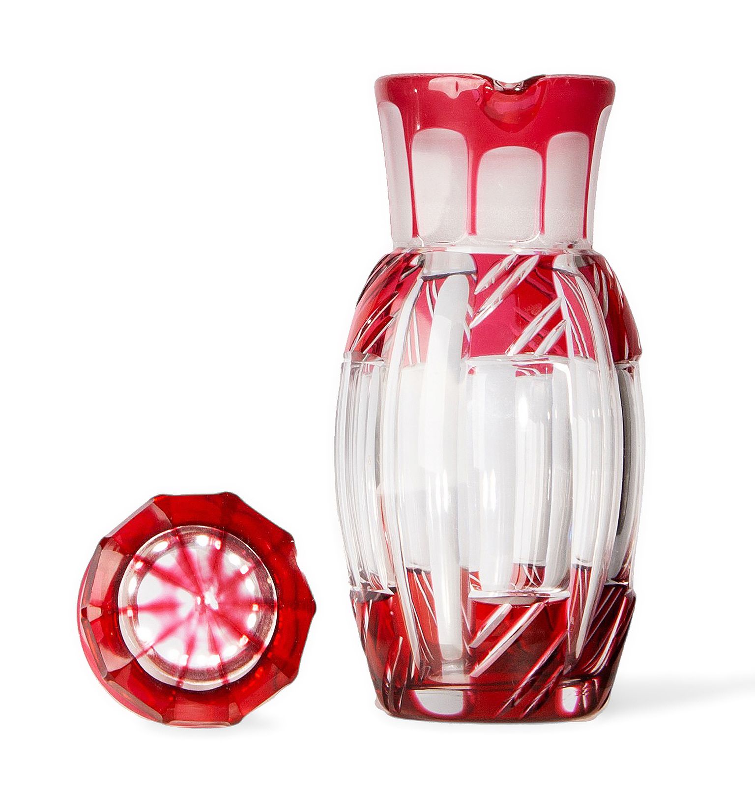 1930s Art Déco Crystal Cocktail Shaker/Bottle And Lid In Ruby Red Overlay Glass, France photo for sale
