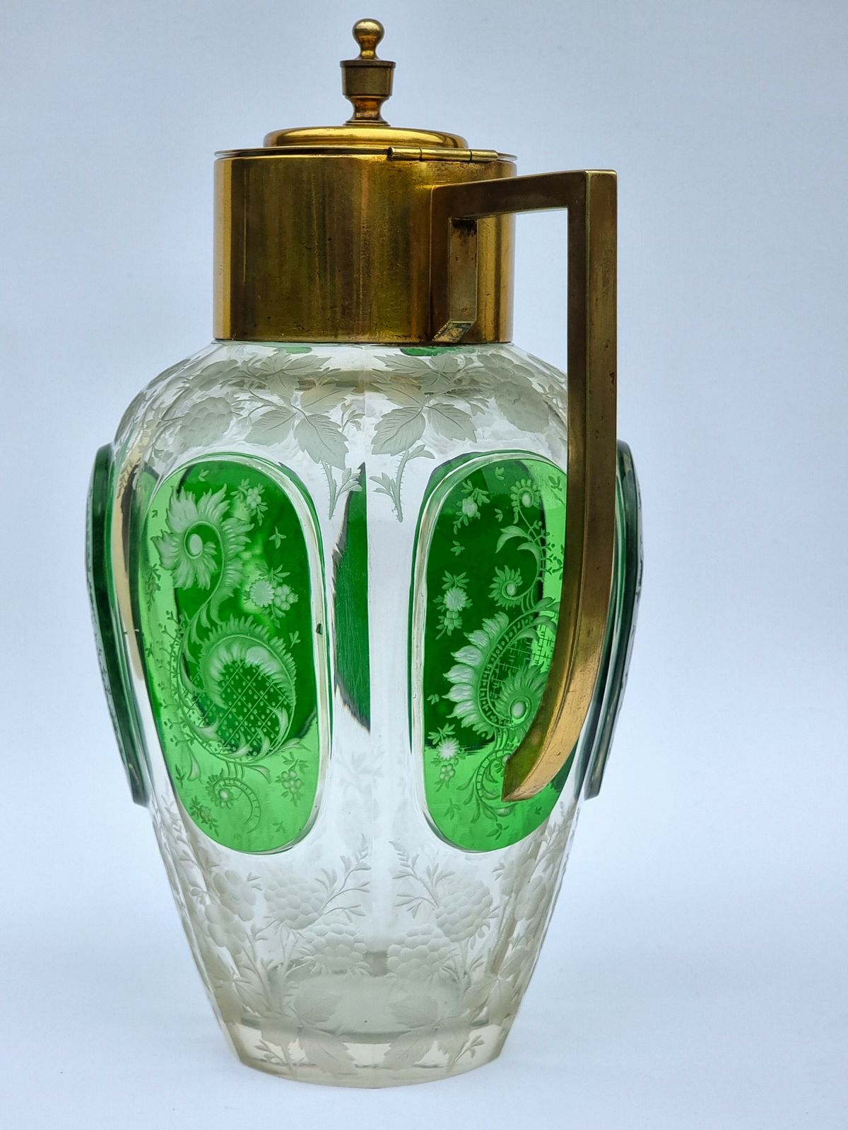 19th Century Bohemian Glass Claret Jug With Finely Cut Green Glass Panels Circa 1890 photo buy