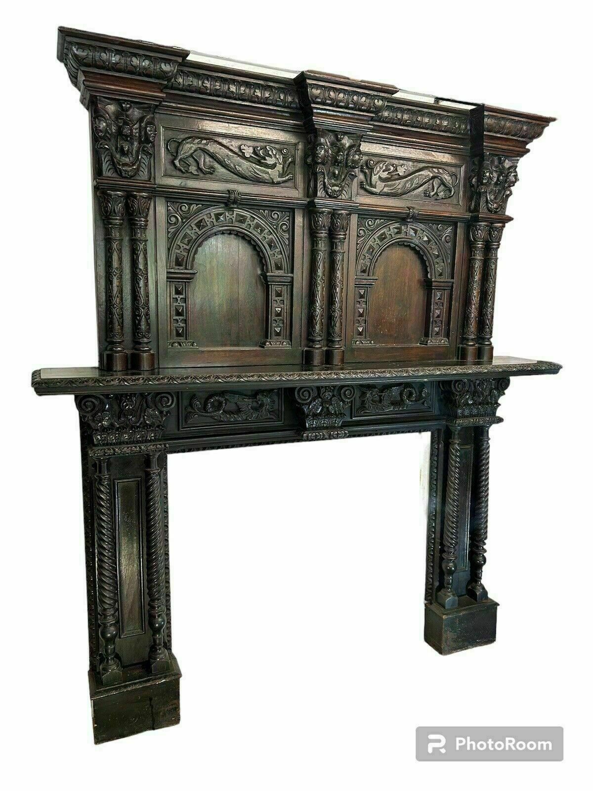 Solid Oak Carved Antique Fireplace Surround Period Wood Overmantel Reclaimed photo furniture